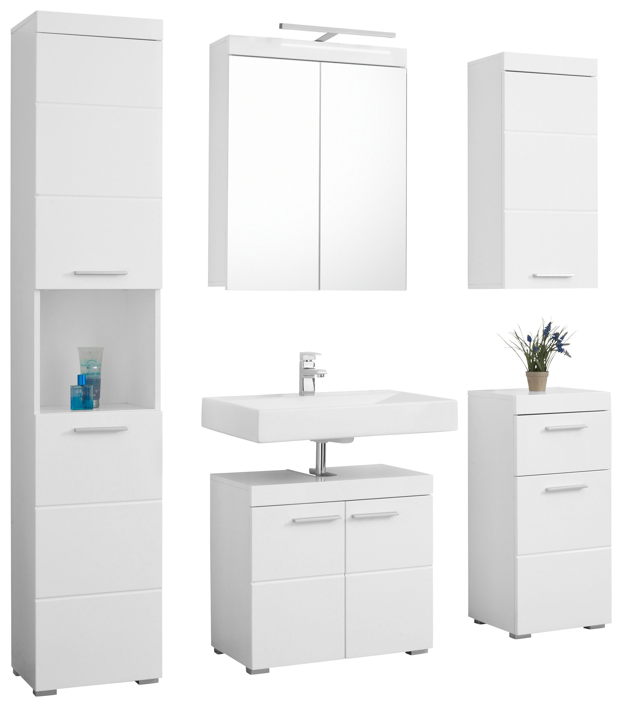 welltime Badmöbel-Set »Avena«, (Set, 5 St.), Hochschrank, WBU, Spiegelschrank, Kommode, Hängeschrank u. Beleuchtung