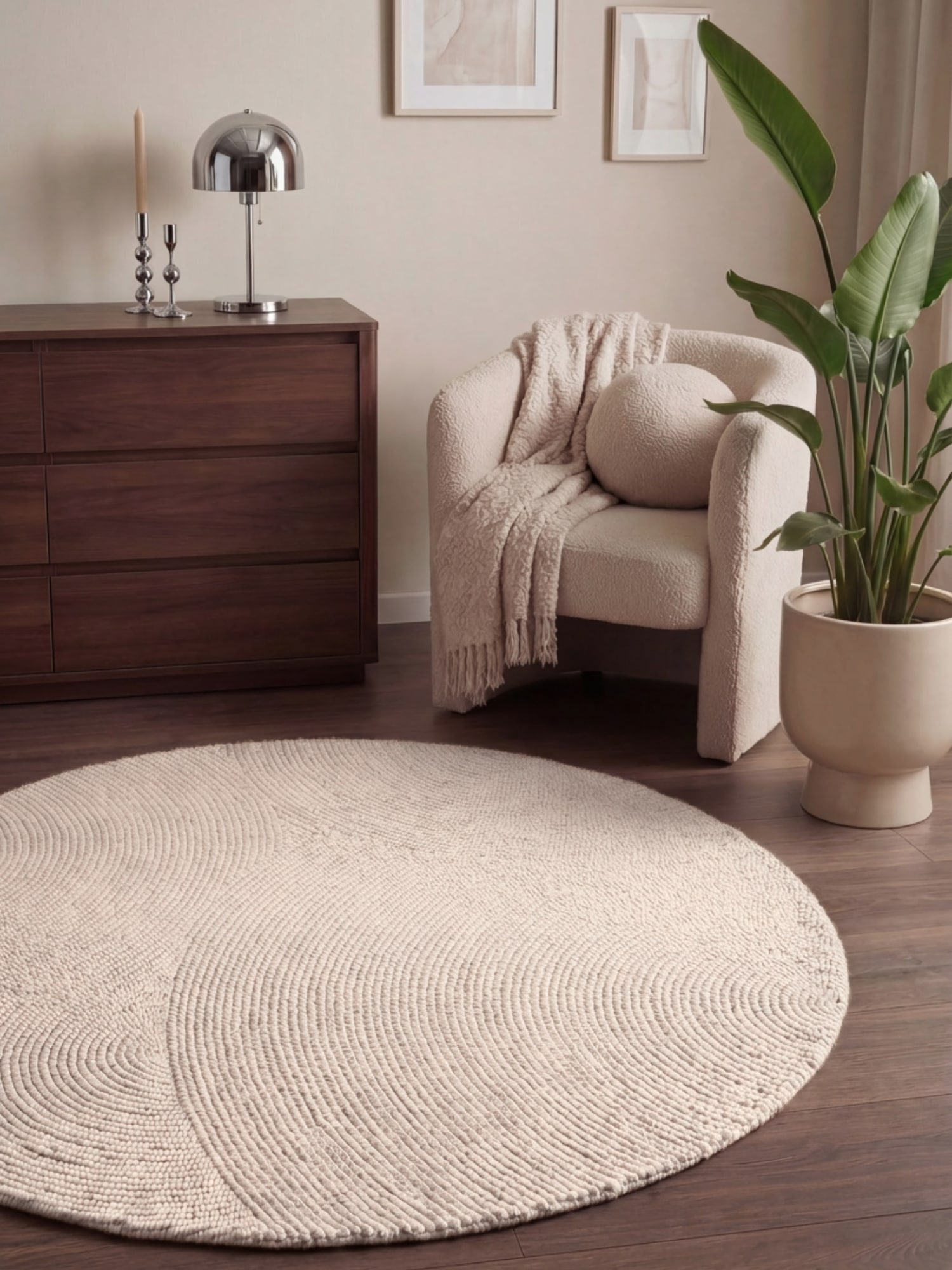 THE RUGS Eleni Wool Rug Hand Tufted Wool Geometric Area Rug Scandinavian Style in Cream | Size: 120cm diameter