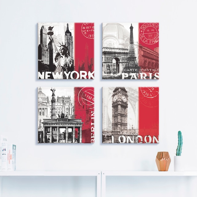 Artland Leinwandbild »New York Paris Berlin London_bordeauxrot«, Gebäude,  (4 St.), 4er Set, verschiedene Größen auf Rechnung bestellen