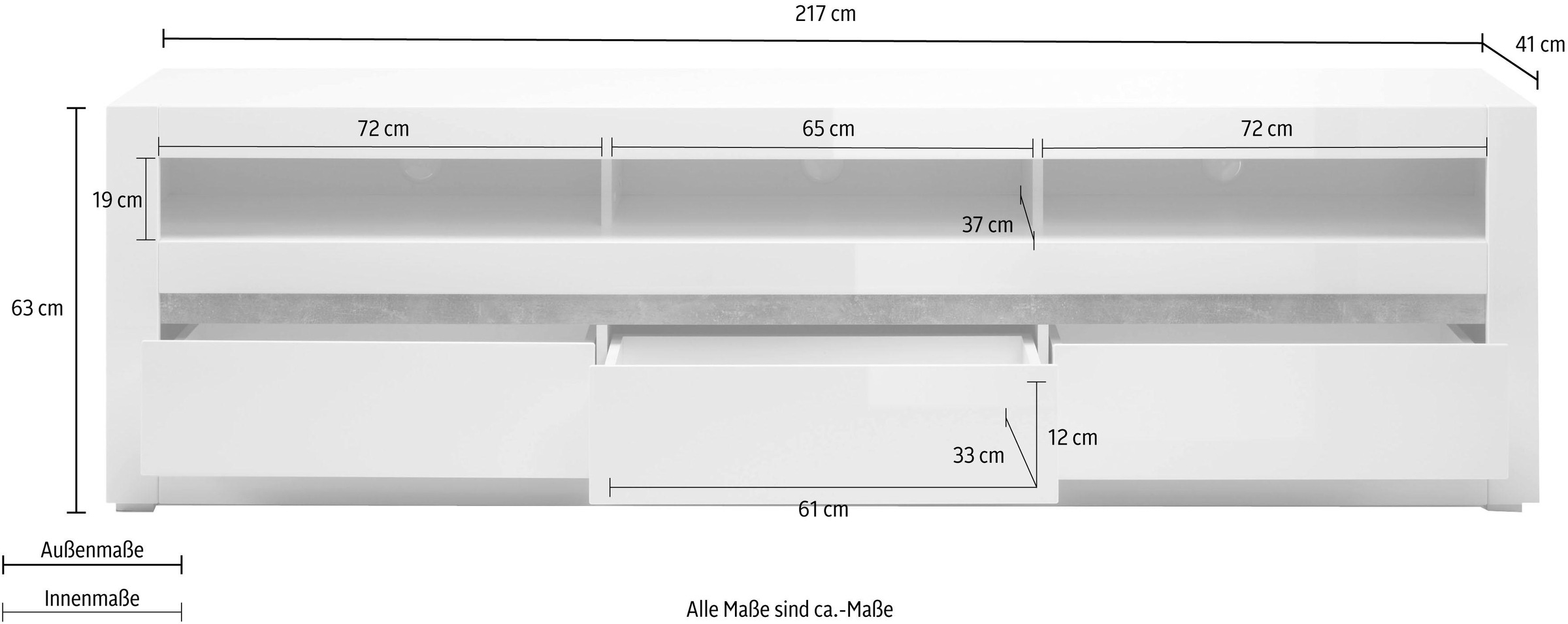 INOSIGN Lowboard »Carat«, Breite 217 cm, Zierleiste 1x betonfarben und 1x weiß