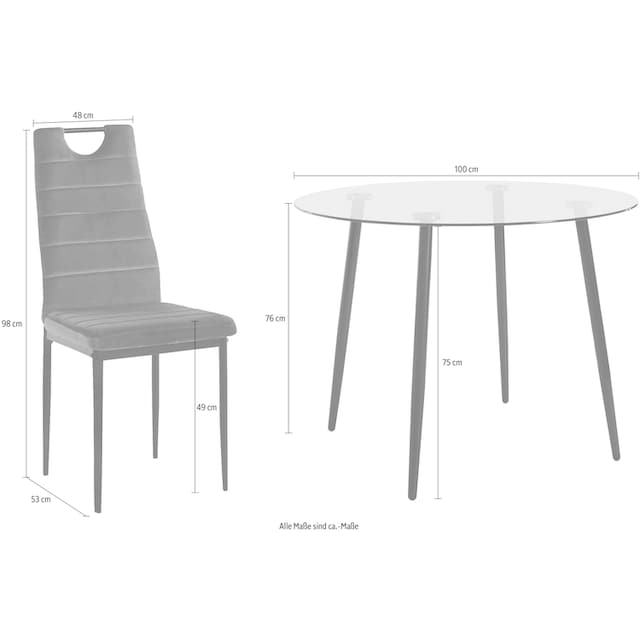 INOSIGN Essgruppe, (Set, 5 tlg.), runder Glastisch, Ø 100 cm und 4  Esszimmerstühlen, Bezug aus Samtstoff auf Rechnung kaufen