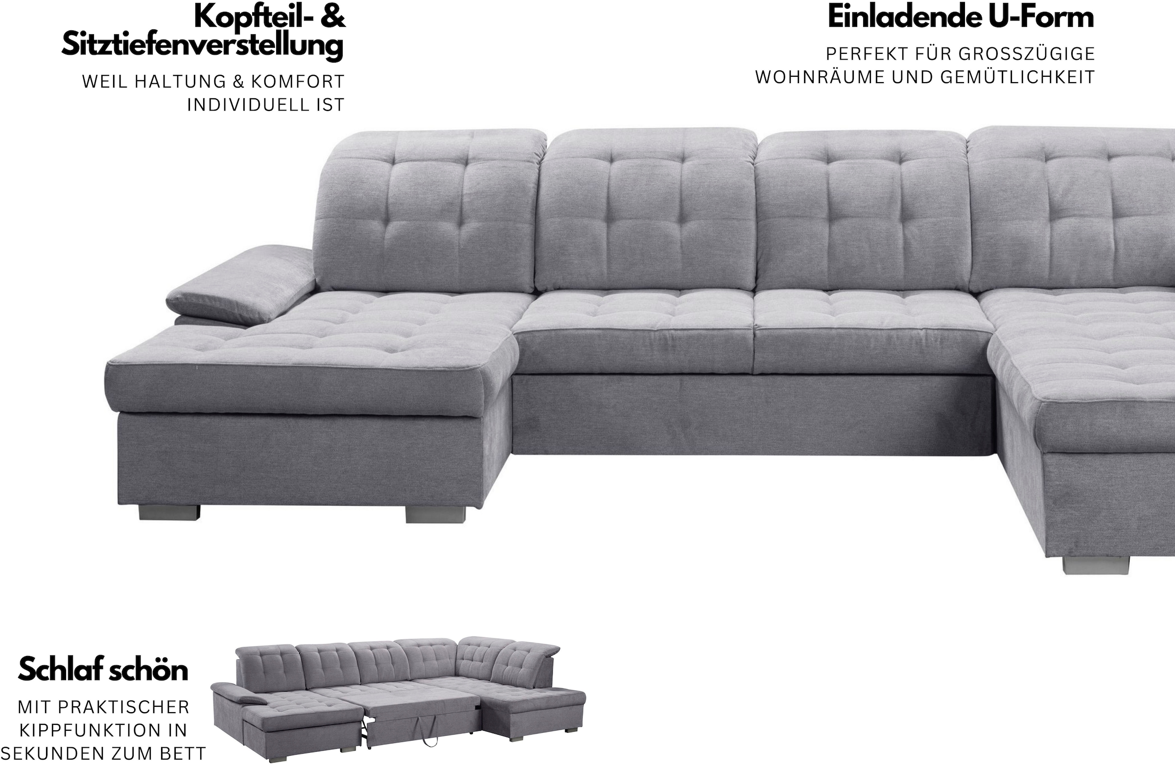 WERK2 Wohnlandschaft »Kordula-New Multifunktion Couch, Breite 332cm, bequem, U-Form« Sofa in U-Form mit Schlaffunktion & Bettkasten, Schlafcouch