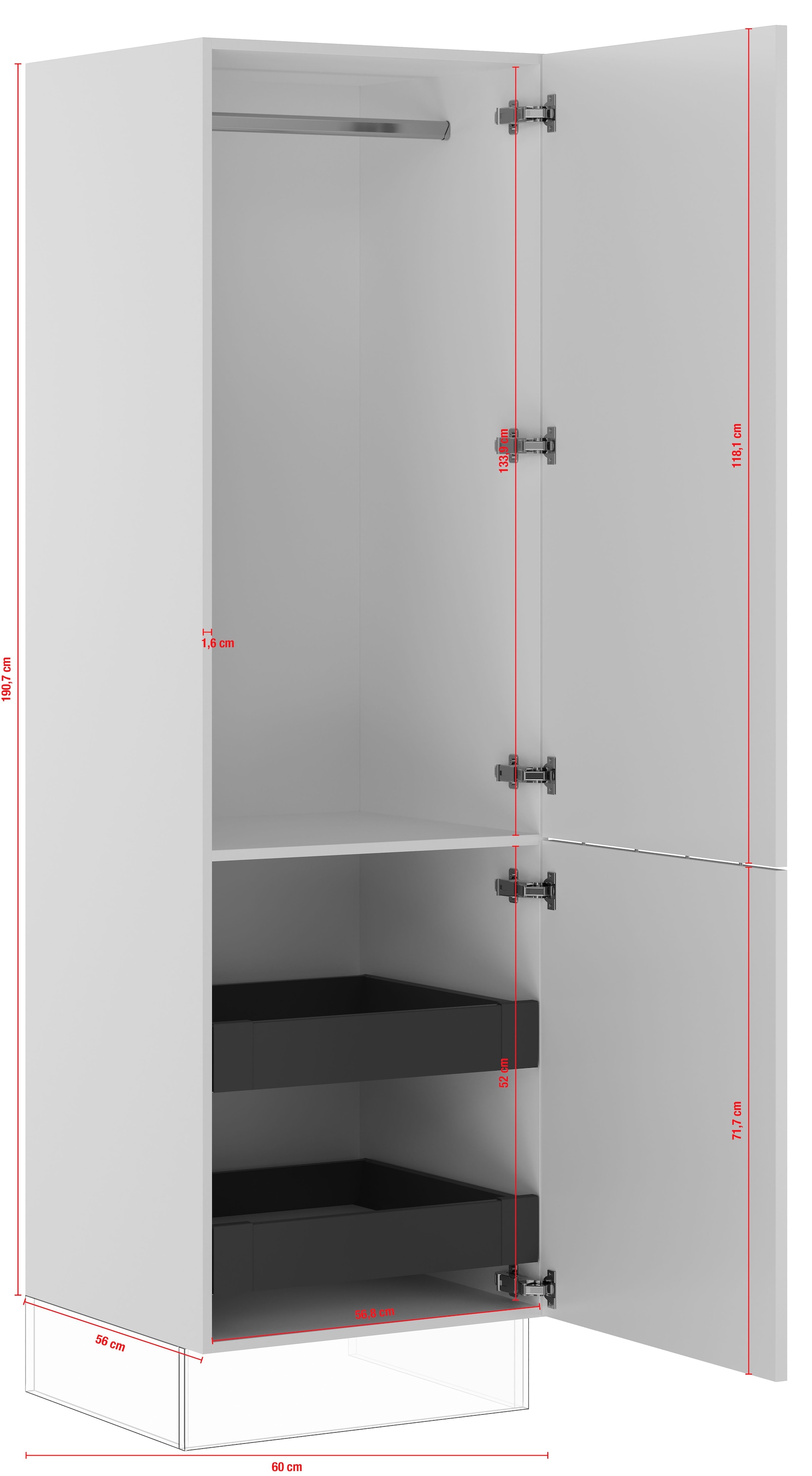 IMPULS KÜCHEN Seitenschrank »"Prag", Breite/Höhe: 60/190,7 cm, mit Kleiderstange«, vormontiert, mit Drehtür, mit Innenschubkästen