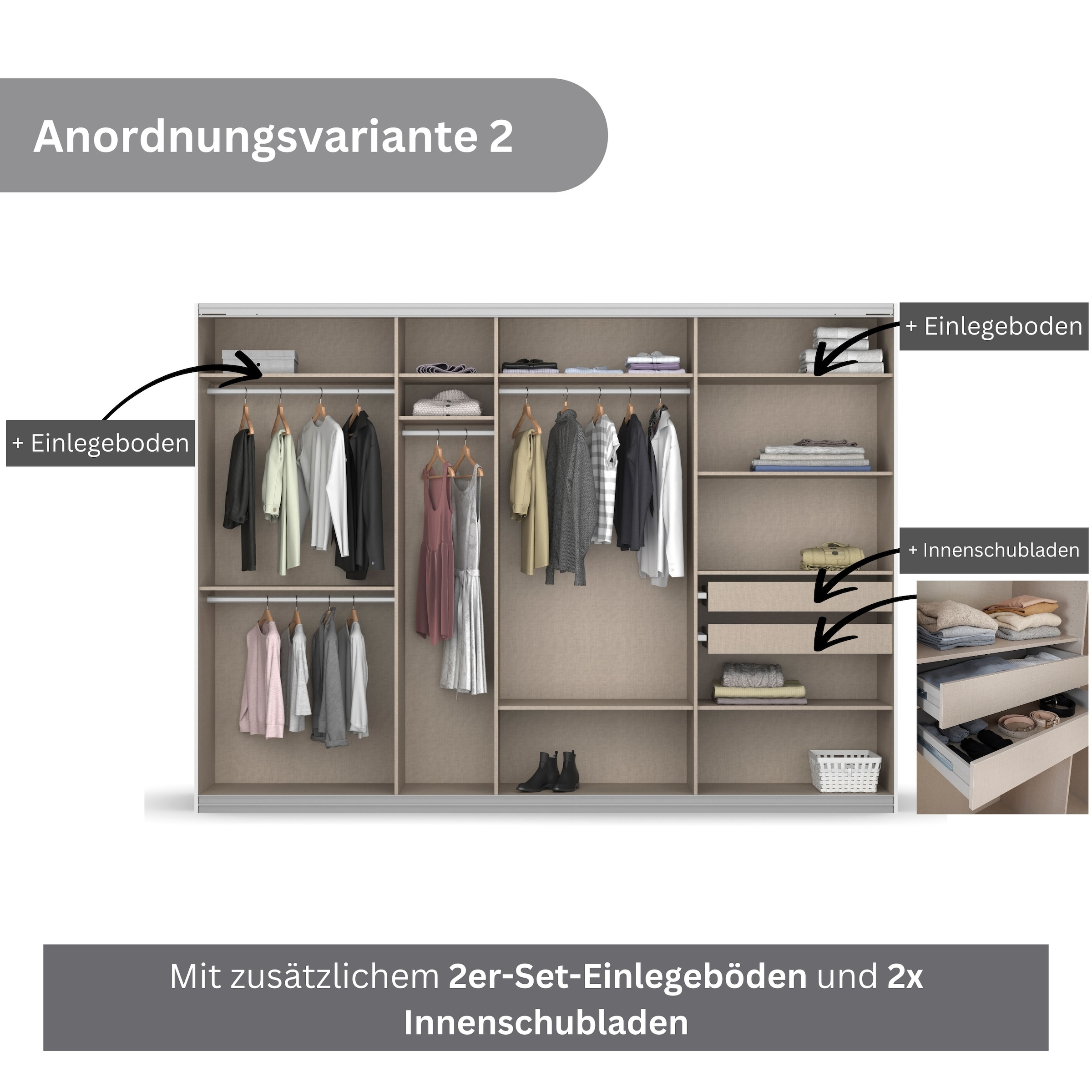 rauch Schwebetürenschrank »Kleiderschrank Schrank Garderobe KOLUNA mit Dekor-Front«, inkl. 2 Innenschubladen sowie extra Einlegeböden MADE IN GERMANY