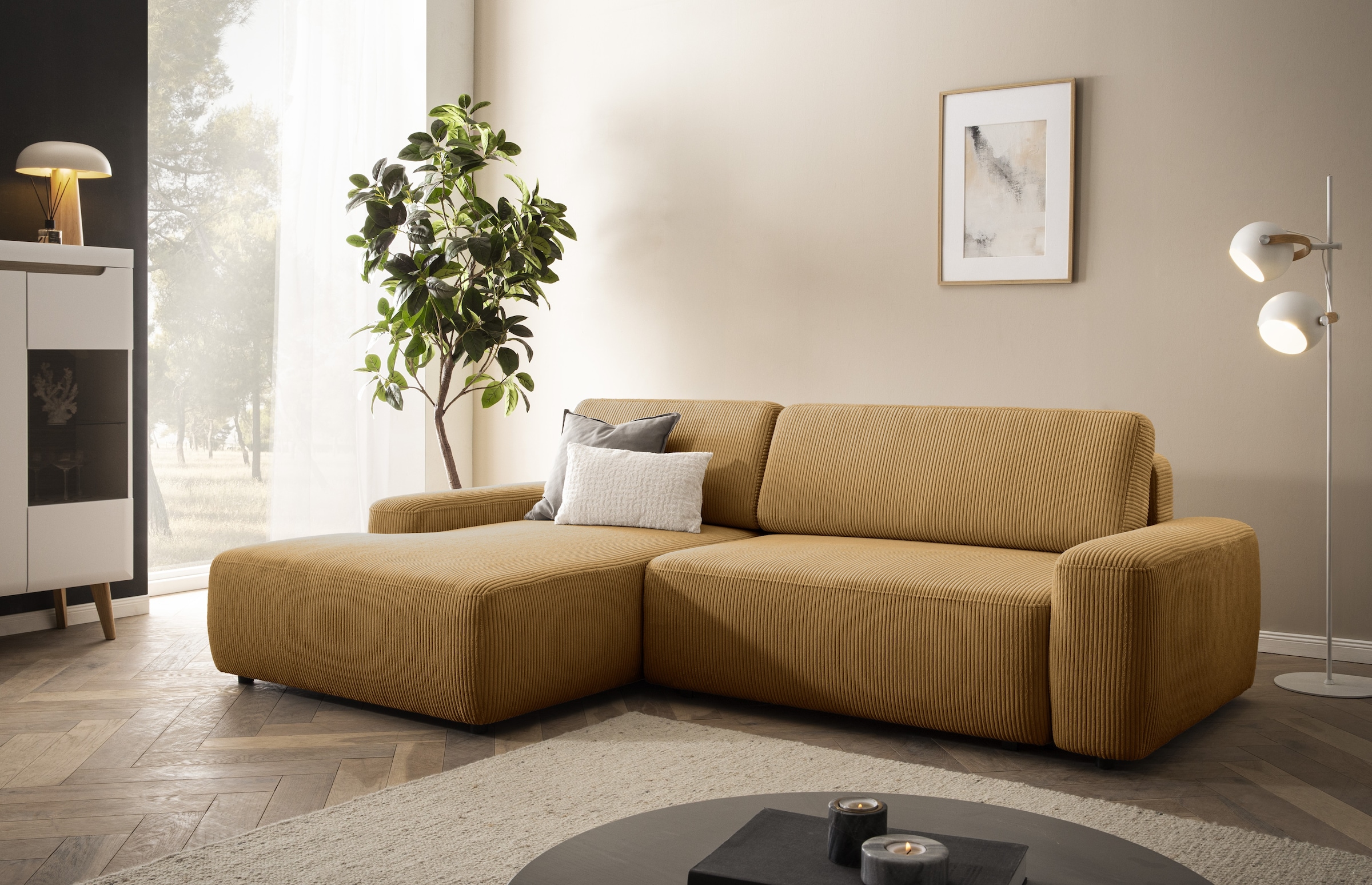 Home affaire Ecksofa »TORGE (264cm), Schlafsofa in Cord, Samtvelours o Struktur fein, L-Form« Schlaffunktion, Bettkasten, Liegefläche: 125/210 cm