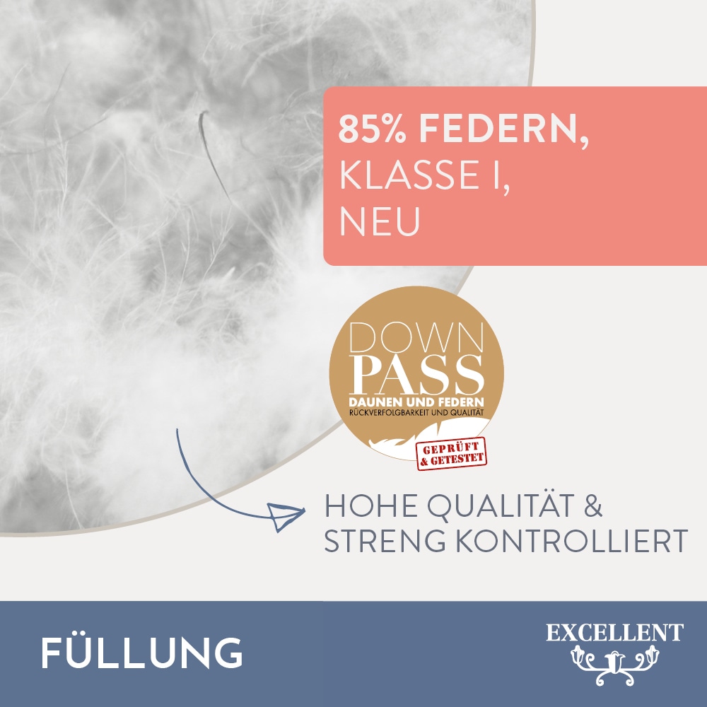 Excellent Federkopfkissen »Venedig «, Füllung: 85% Federn, 15% Daunen, Bezug: 100% Baumwolle, (1 St.), Kissen hergestellt in Deutschland, allergikerfreundlich, In den Größen: 40x40, 50x50, 40x60, 60x60, 40x80, 80x80 cm erhältlich!