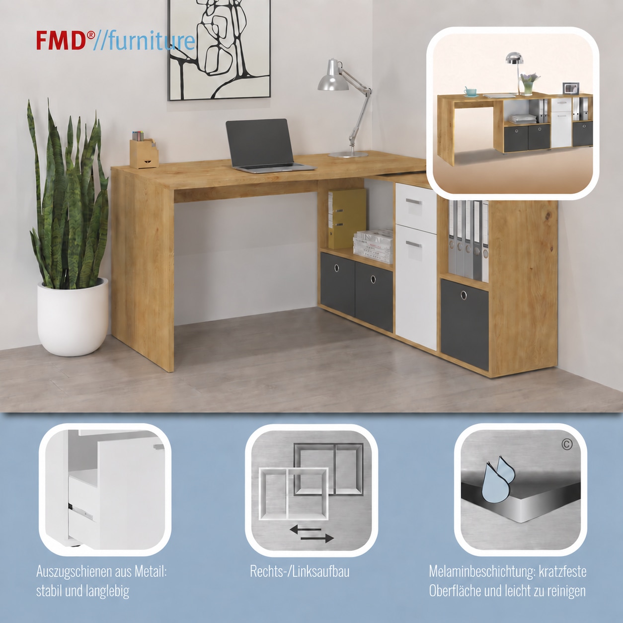 FMD Eckschreibtisch »Lexo« Schreibtisch/Sideboard viel Stauraum, beidseitig montierb., 136/205 cm