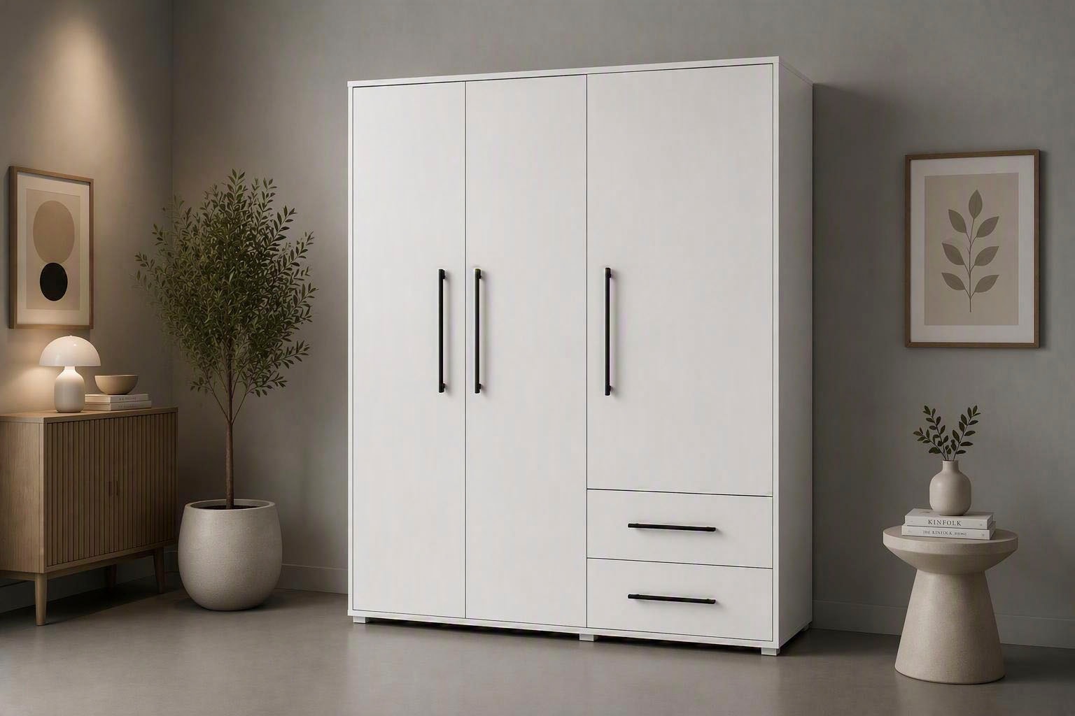 FORTE Kleiderschrank »Mokkaris , Garderobe, zeitloses Design, 3 Türen, Made in Europe« B/H/T ca. 144x200x59cm,  Zwei Schubladen, schwarze Stangengriffe, Stauraum, auch in Schwarz
