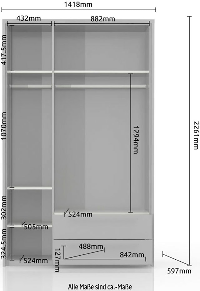 Places of Style Drehtürenschrank »Piano, inklusive Rahmen und Beleuchtung, soft-close-Funktion«, (viele Breiten zur Auswahl, 226cm hoch, mit jeweils 2 Schubladen), beige oder weiß, UV lackiert, Hochglanzfronten, FSC-zertifiziert