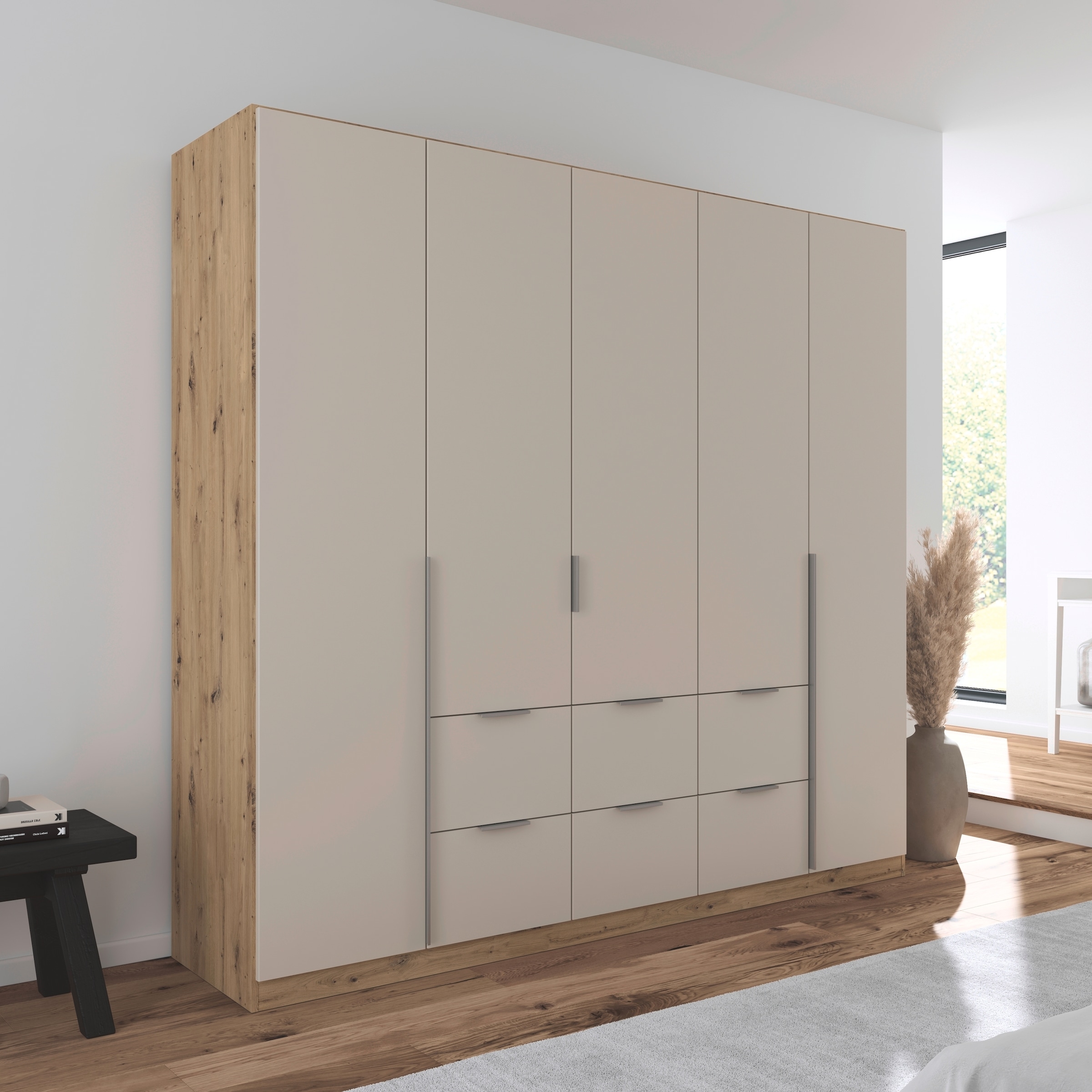 OTTO home Drehtürenschrank »Kleiderschrank Schrank Garderobe AGORDO mit Dekor- oder Hochglanzfront« in zwei Griff-Farben, Breite 226 cm,  mit Außenschubkästen, Serie in 7 Breiten und 2 Höhen MADE IN GERMANY