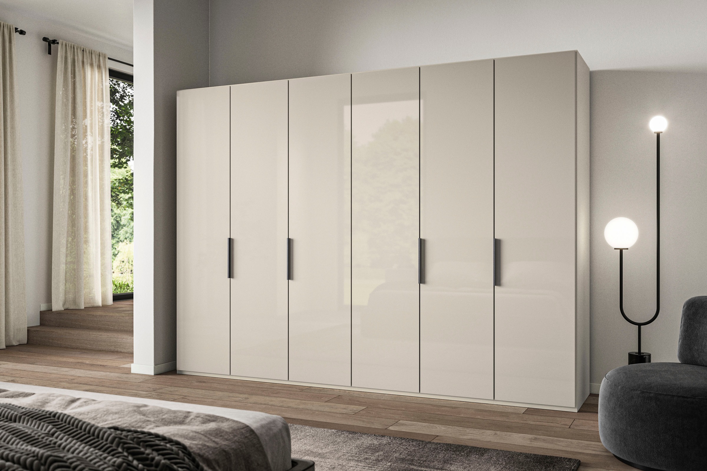 WIEMANN Falttürenschrank »Ohio, Kleiderschrank, Schrank, Garderobe, mit Glasfront, 300 cm« inklusive Einlegeböden & Kleiderstangen, 2 Höhen, MADE IN GERMANY,  inklusive Türdämpfung, hochwertige Glasfront