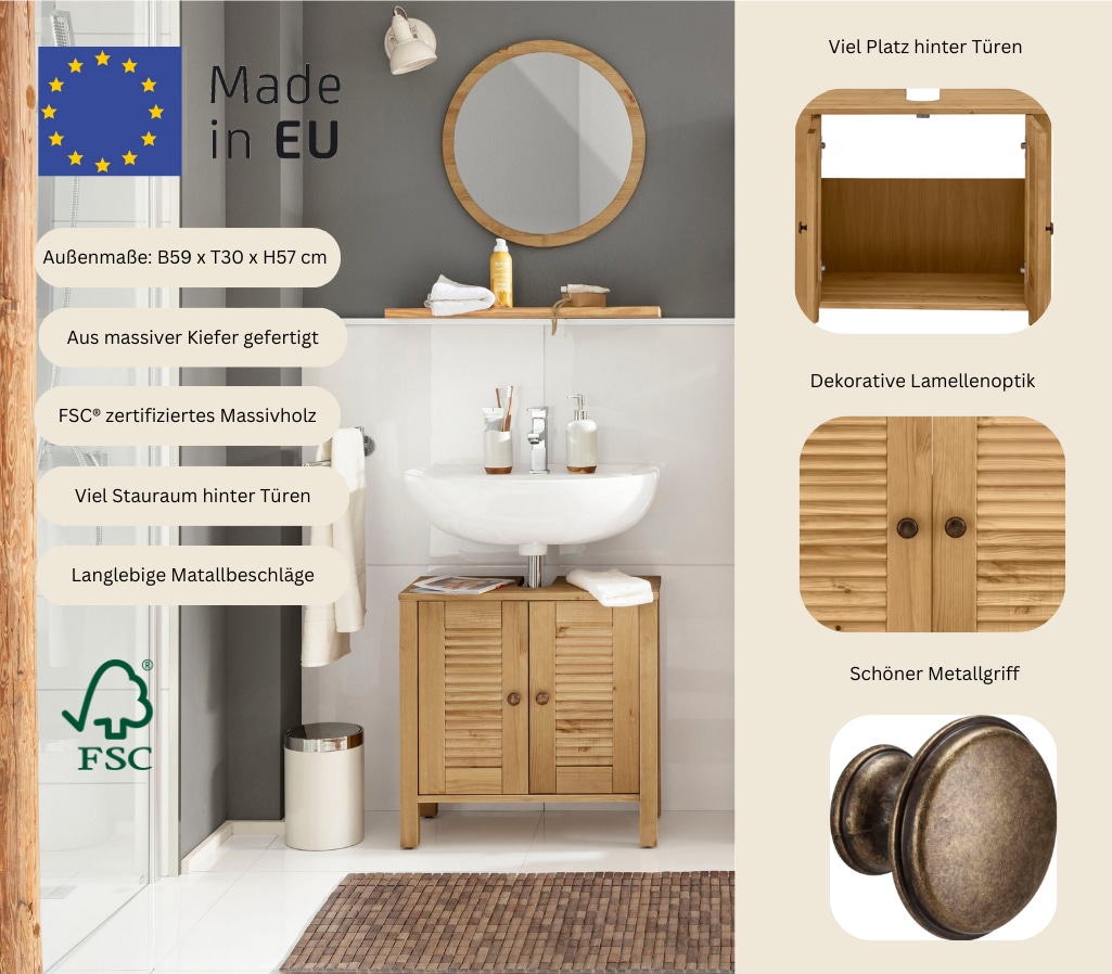 Home affaire Waschbeckenunterschrank »Ayanna«, aus Massivholz, FSC®, Lamellenfront, Höhe 57 cm, Breite 59 cm
