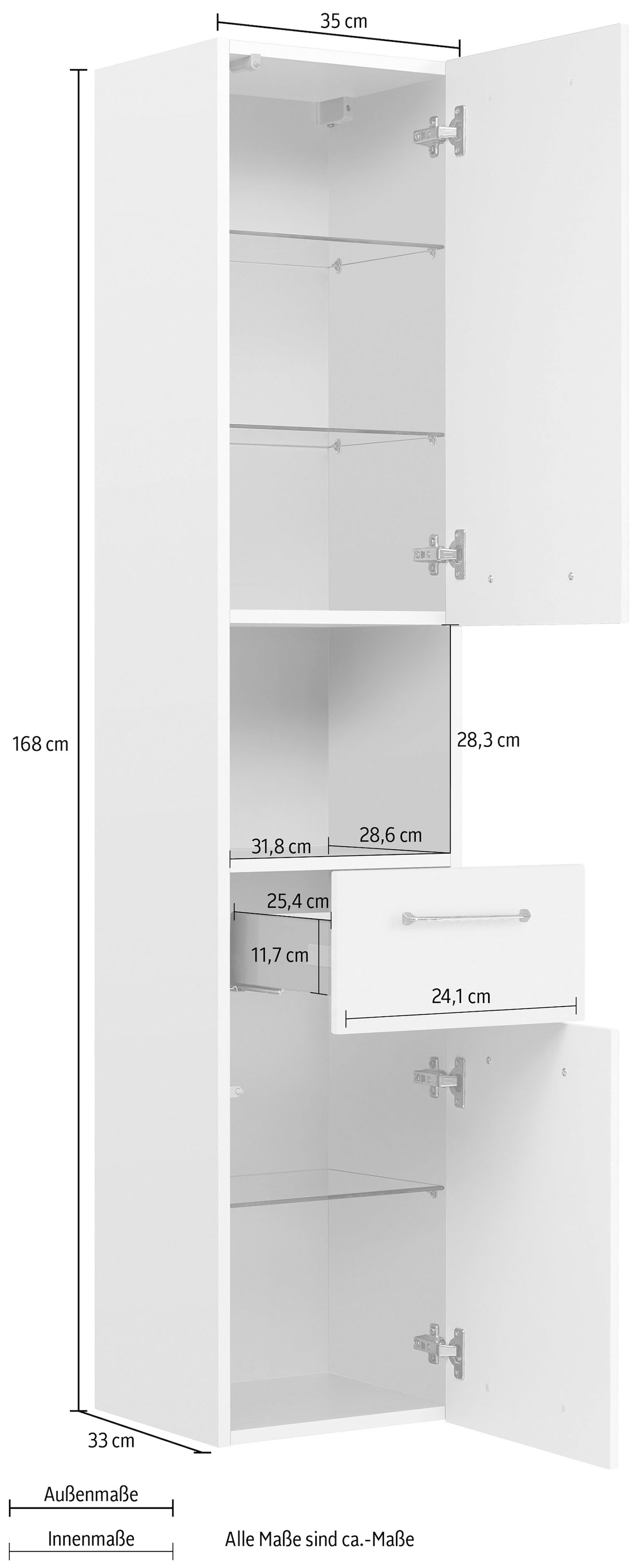 Saphir Hochschrank »Quickset Badschrank 35 cm breit, 2 Türen, 1 Nische, 1 Schublade« Badezimmer-Hochschrank inkl. Türdämpfer, Griffe in Chrom glänzend