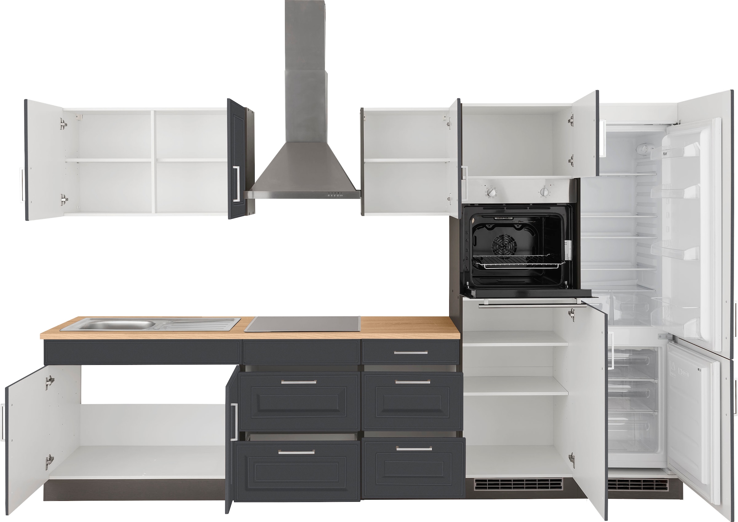 KOCHSTATION Küchenzeile »KS-Stockholm – Küche mit hochwertiger und detailreicher Landhausfront« Breite 330 cm, wahlweise mit E-Geräten,mit MDF-Fronten