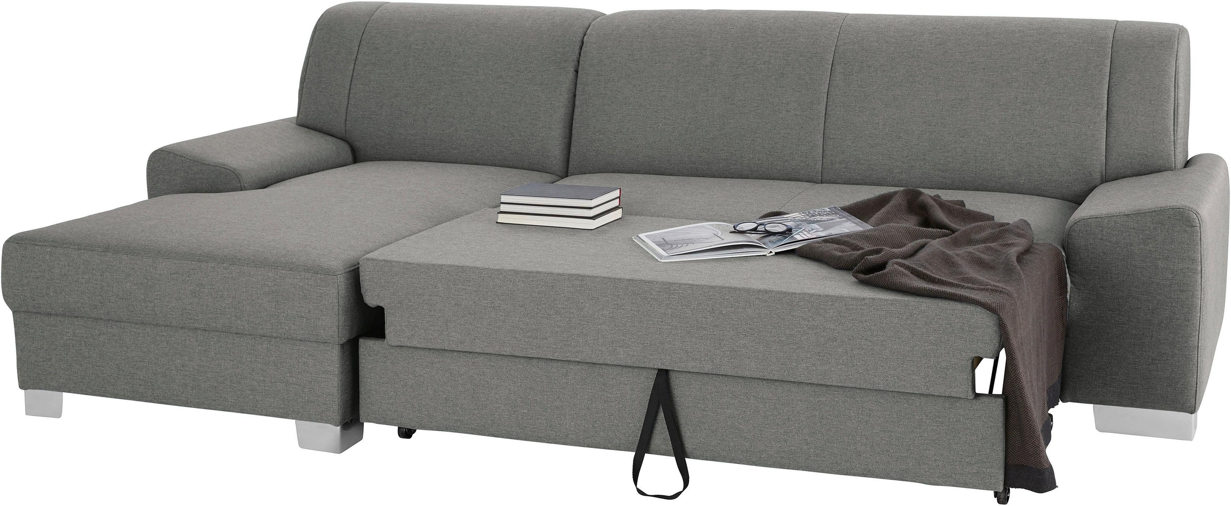 DOMO collection Ecksofa »Anzio L-Form, whlw. Bettfunktion, Federkern, hochwertig, Breite 271 cm«, Mit Bettfunktion, Recamiere links, Struktur fein, steel-grau