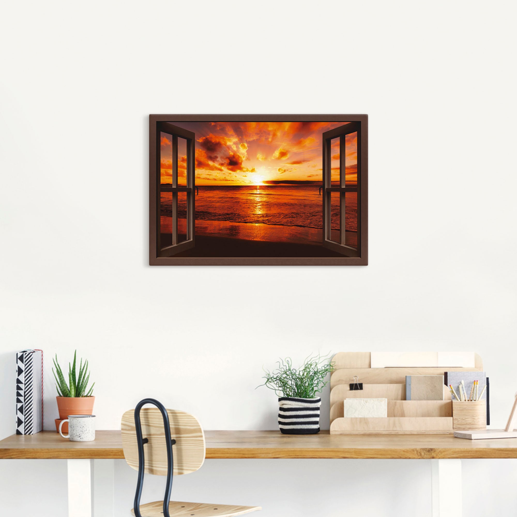 Artland Leinwandbild »Fensterblick Sonnenuntergang am Strand« Fensterblick 1 Stk. tlg. auf Holzrahmen gespannt