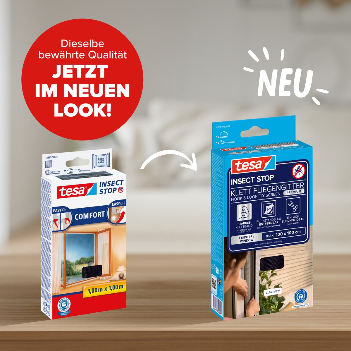 tesa Fliegengitter-Gewebe »Klett Fliegengitter Premium für Fenster, Insektenschutz mit Klettband« Packung, Fliegennetz, Klettband, Andrück und Schneidehilfe, 1 Stk. tlg. selbstklebende Insektenschutz - 100 cm x 100 cm