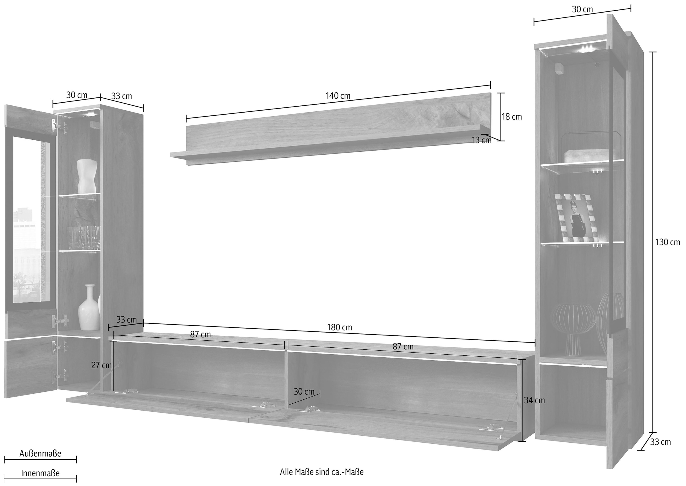 INOSIGN Wohnwand »VERA II«, (Komplett-Set, 4 St.), Mediawand 260 cm, Vitrine mit Verglasung, stehend und hängend