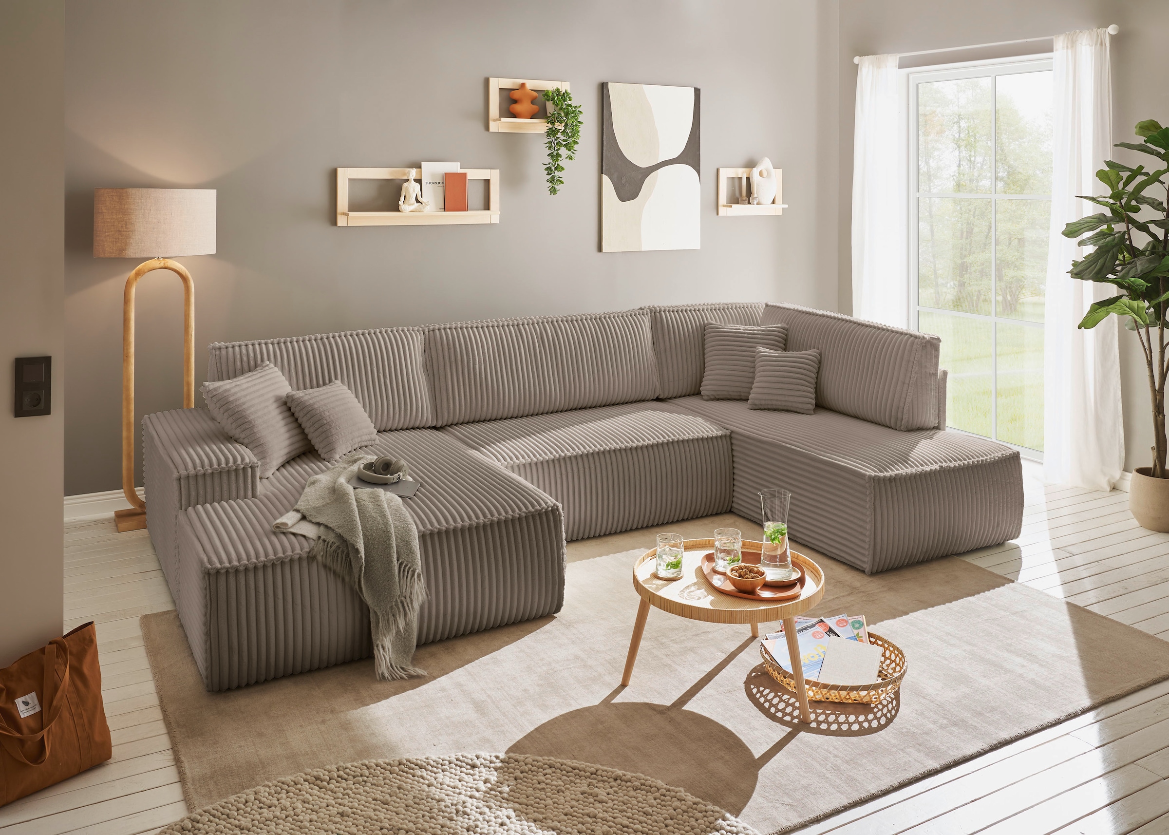 OTTO home Wohnlandschaft »FINNLEY  Cord U-Form XXL 329 cm - OTTO. Verlässliche Qualität.« Schlafsofa, Bettkasten, in Bouclé, Struktur fein und Mega Cord