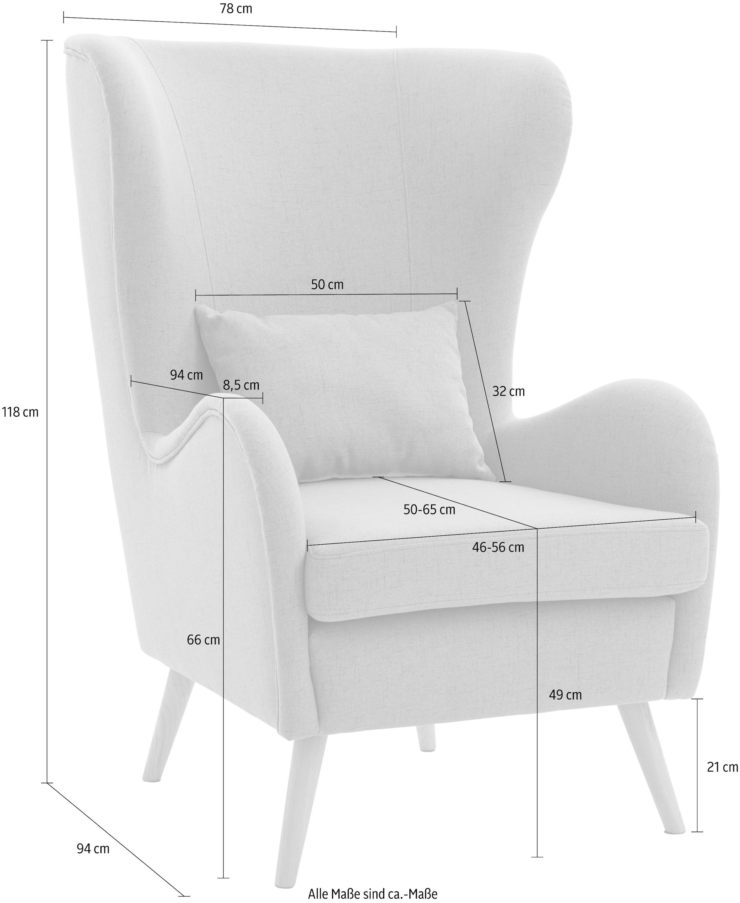 Guido Maria Kretschmer Home&Living Sessel »Salla auch in Fellimitat und Feincord, viele Bezugsarten, Ohrensessel«, wahlweise mit oder ohne Hocker; großer Sessel: Maße B/T/H: 78/94/118cm