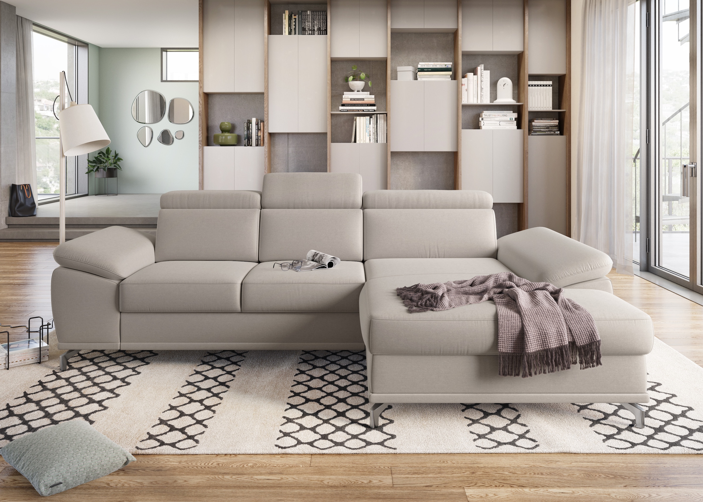 sit&more Ecksofa »Cabrio L-Form, mit Sitztiefenverstellung, Arm- und Kopfteilverstellung«, 2 Nierenkissen, Federkern, optional Bettfunktion und Stauraum