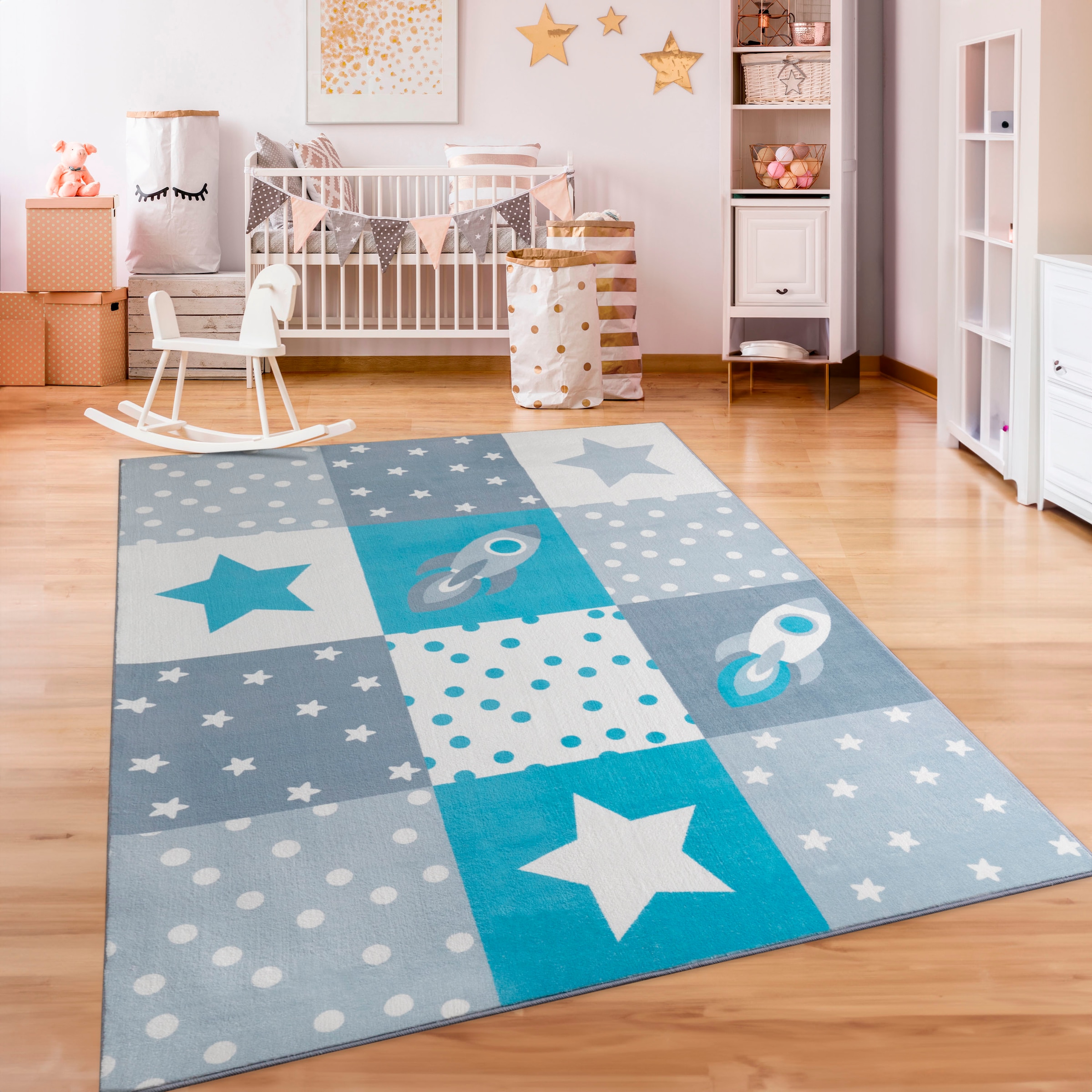 Kinderteppich »Eliz 395«, rund, Spielteppich, Patchwork-Muster, Motiv Rakete, Sterne &...