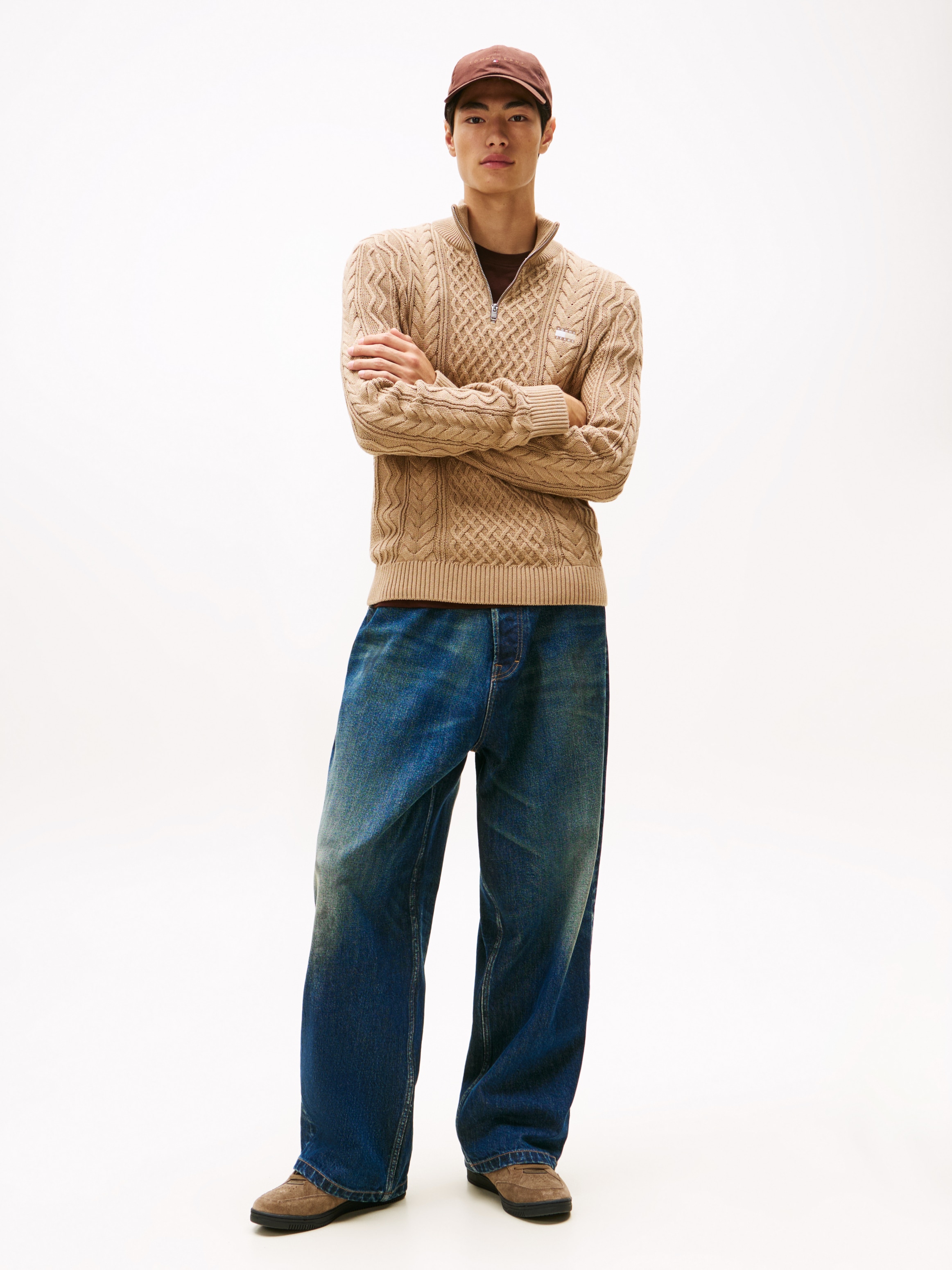 Tommy Jeans Strickpullover Troyer-Kragen mit Reißverschluss, slim fit, Zopfstrick-Muster