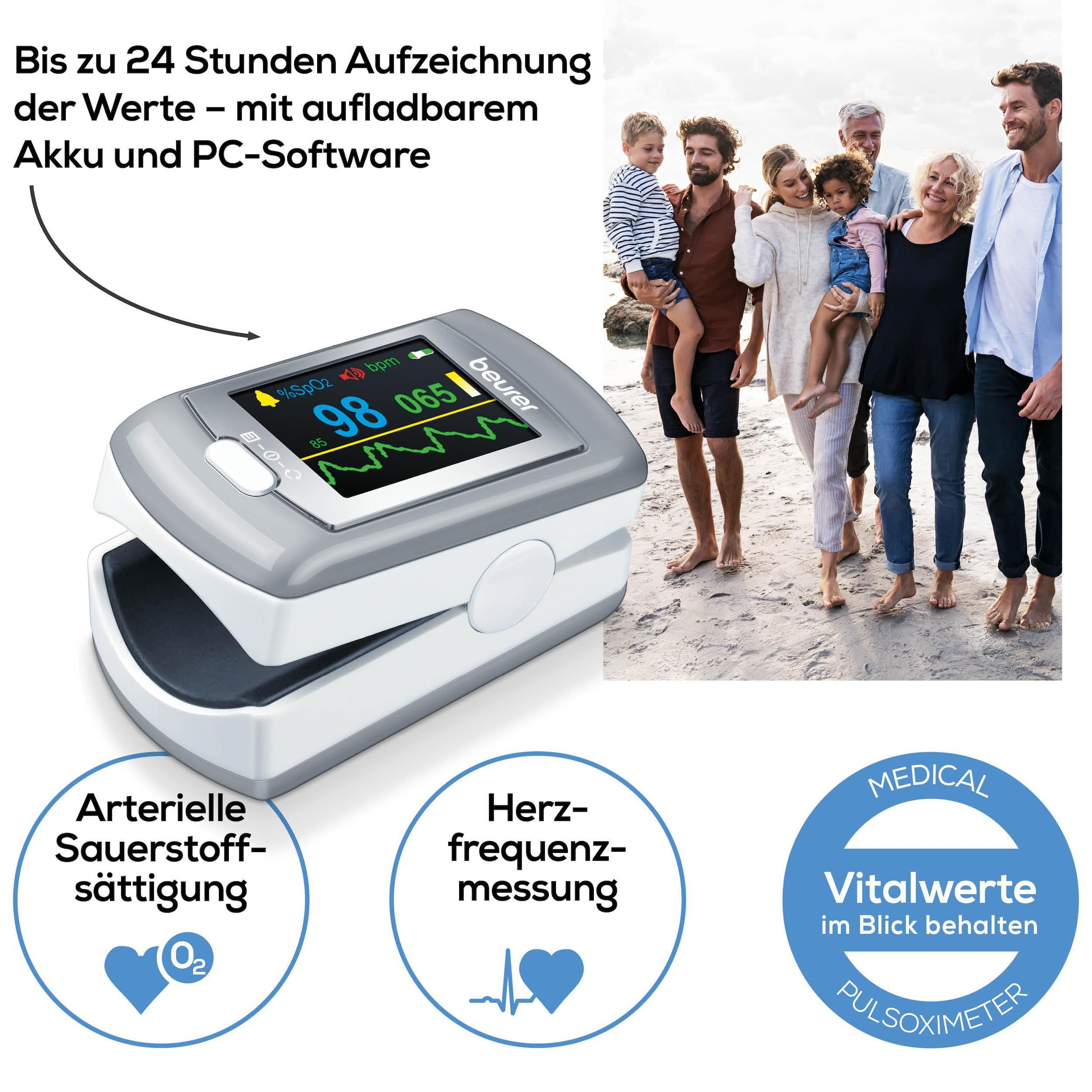 BEURER Pulsoximeter »PO 80 zur Messung der Sauerstoffsättigung und Herzfrequenz«, Mit Akku, aufladbar über USB oder Steckernetzteil