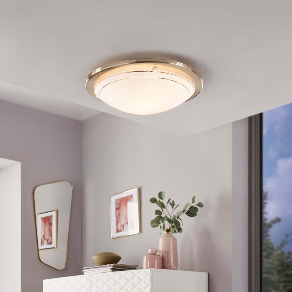 EGLO Deckenleuchte »PLANET 1 Deckenlampe, nickel-matt, Stahl, Glas, Küchenlampe, E27«, 1 flammig, Leuchtmittel E27 | ohne Leuchtmittel, Wohnzimmerlampe, Flurlampe, Esszimmer, Büro, zeitlos, 29x29x8,5cm