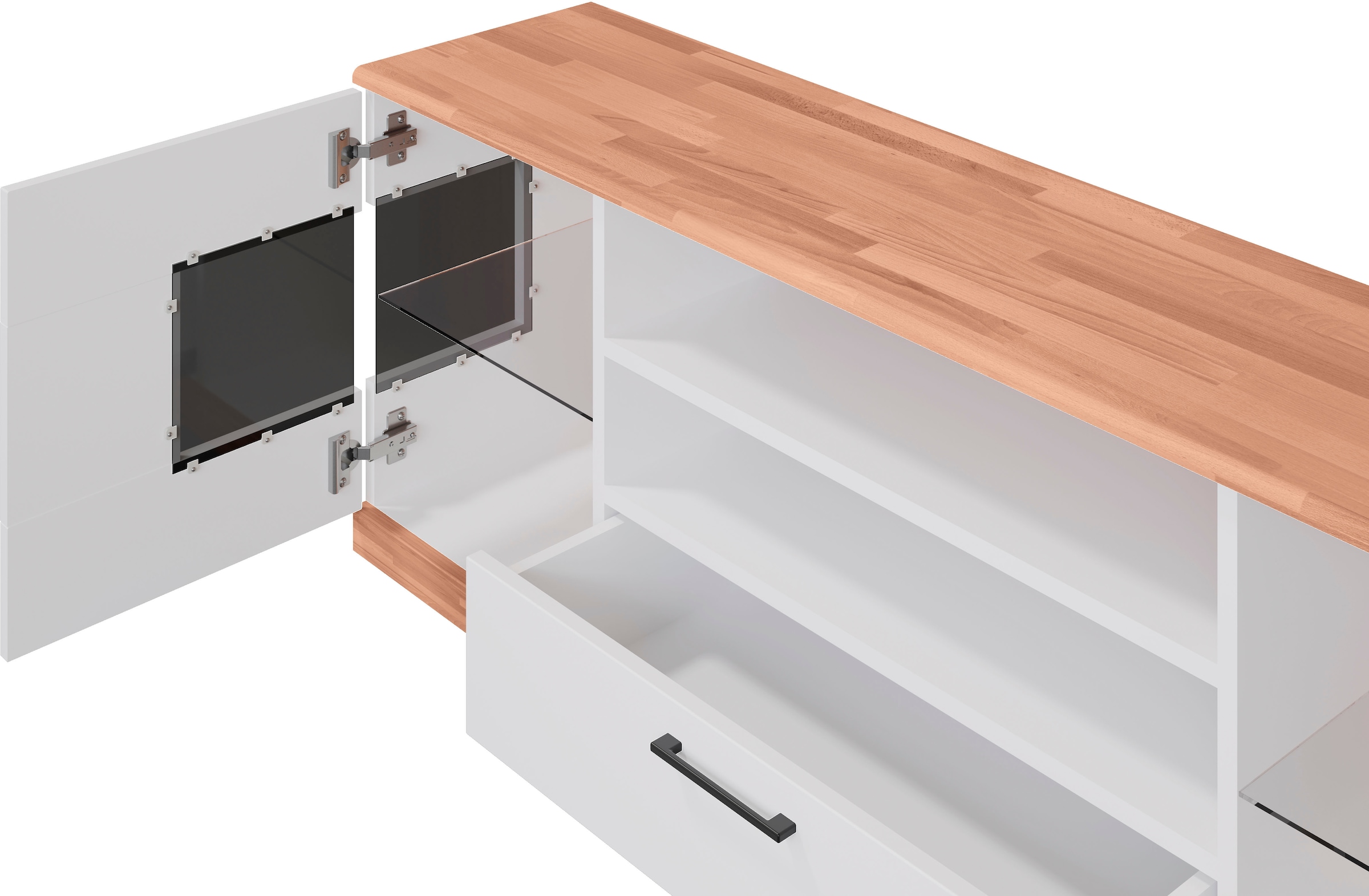 Home affaire Lowboard »Ribe,160cm breit,55cm hoch,Oberplatte massiv«, Oberplatte Massivholz,schwarze Metall Griffe,2 Türen mit Glaseinsatz