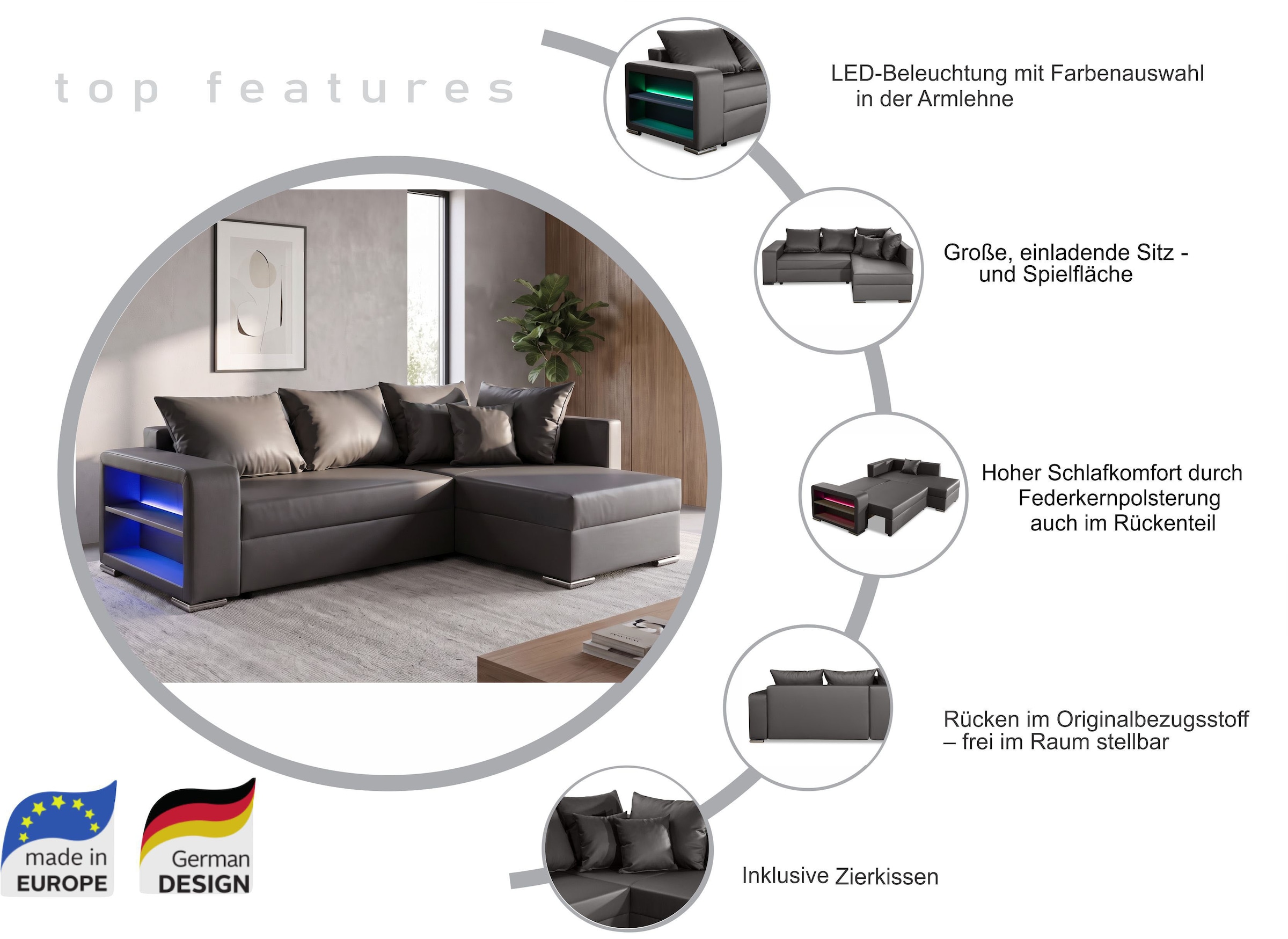 COLLECTION AB Ecksofa »John L-Form, B: 226 cm, Schlaffunktion & Bettkasten« Regalelement mit Licht, Couch mit Federkern, 2 Zierkissen