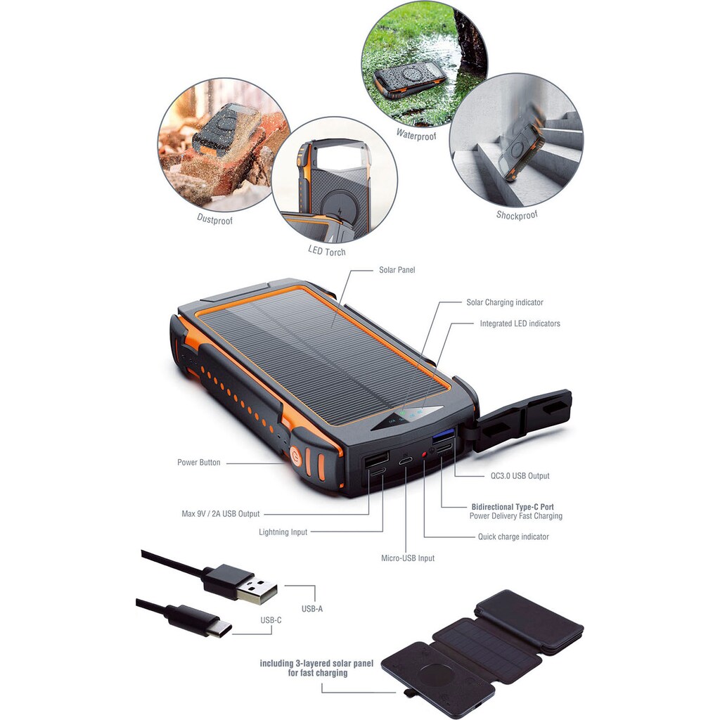 4smarts Solar Powerbank »Solar Powerbank Rugged TitanPack Eco 20000mAh«, Solar Powerbank Rugged TitanPack Eco 20000mAh, 10000 mAh