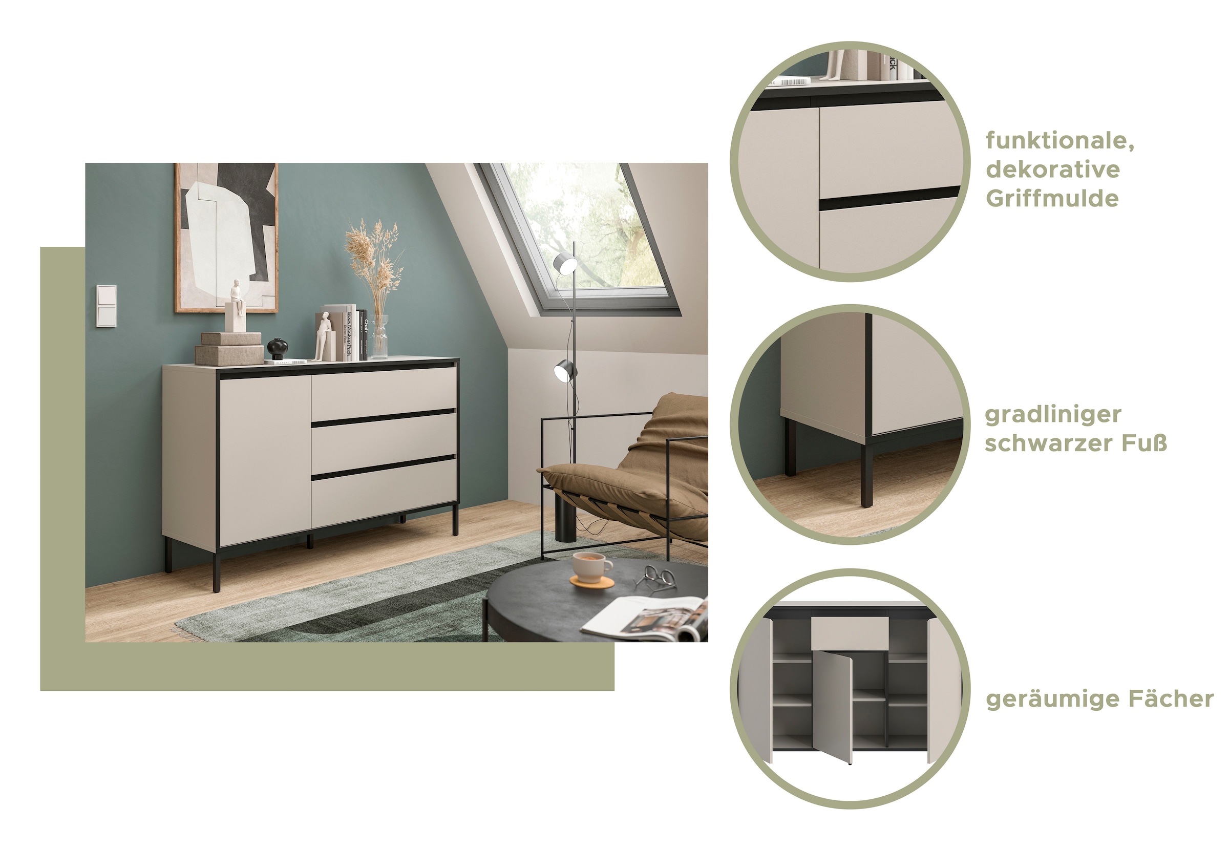 Home affaire Kommode »NORT, Höhe: 92 cm, mit Metall Stabfuß, 2 Türen, 2 Einlegeböden« Anrichte, Sideboard, Schrank, Board, Highboard