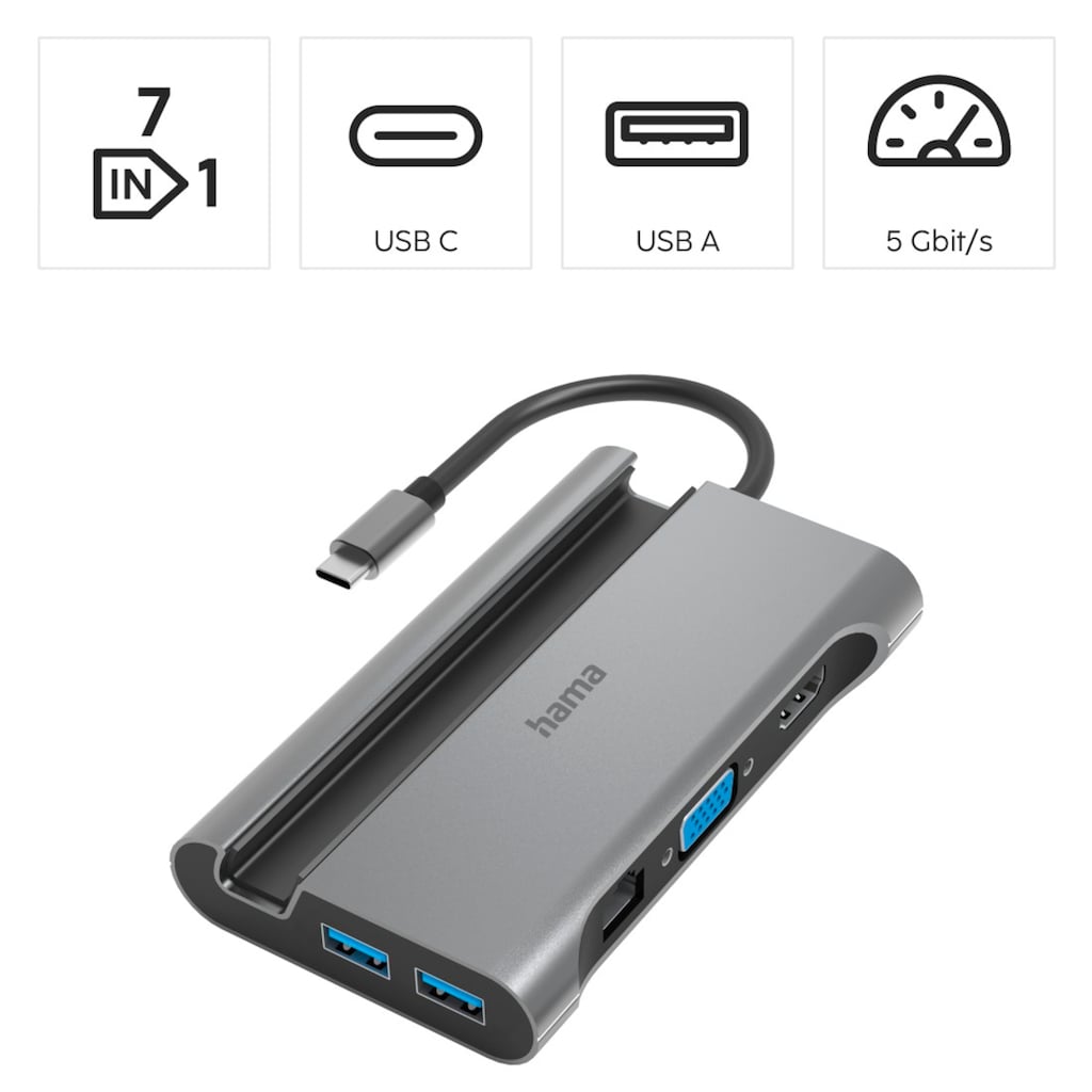 Hama USB-Adapter »USB-C Multiport Hub für Laptop mit 7 Ports, USB Adapter, Handy, Tablet«, USB-C zu USB Typ A-USB Typ C-VGA-HDMI-RJ-45 (Ethernet), 15 cm