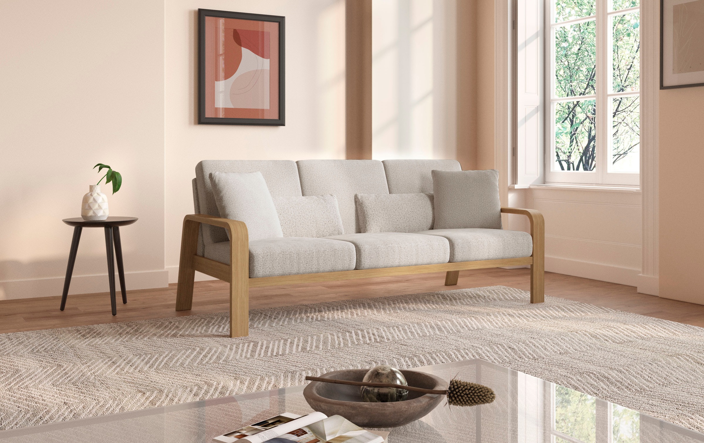 sit&more 3-Sitzer »Kolding«, Armlehnen aus Buchenholz in natur, verschiedene Bezüge und Farben