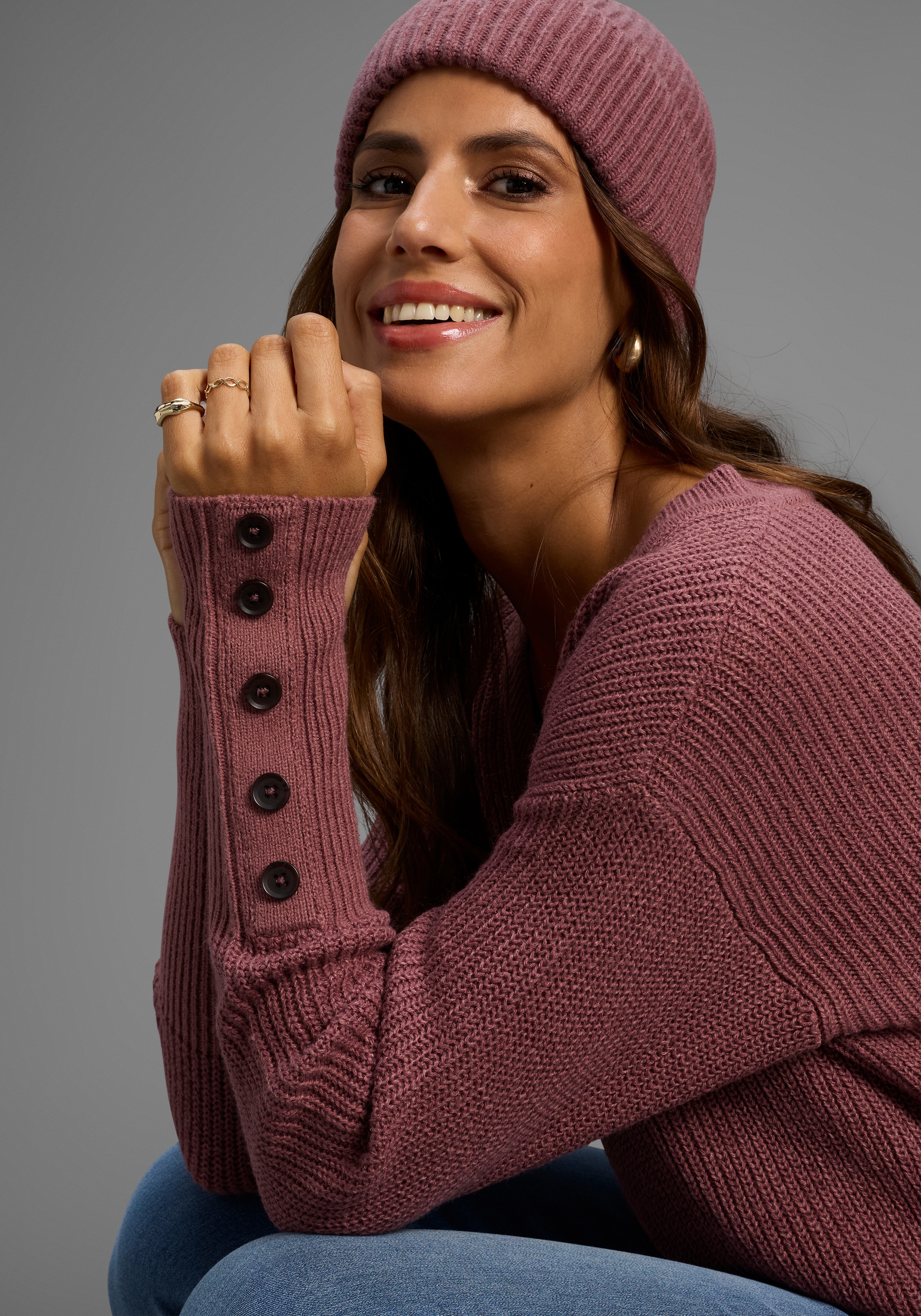 Laura Scott V-Ausschnitt-Pullover Übergangspullover aus Baumwolle mit Knopfleiste - NEUE KOLLEKTION