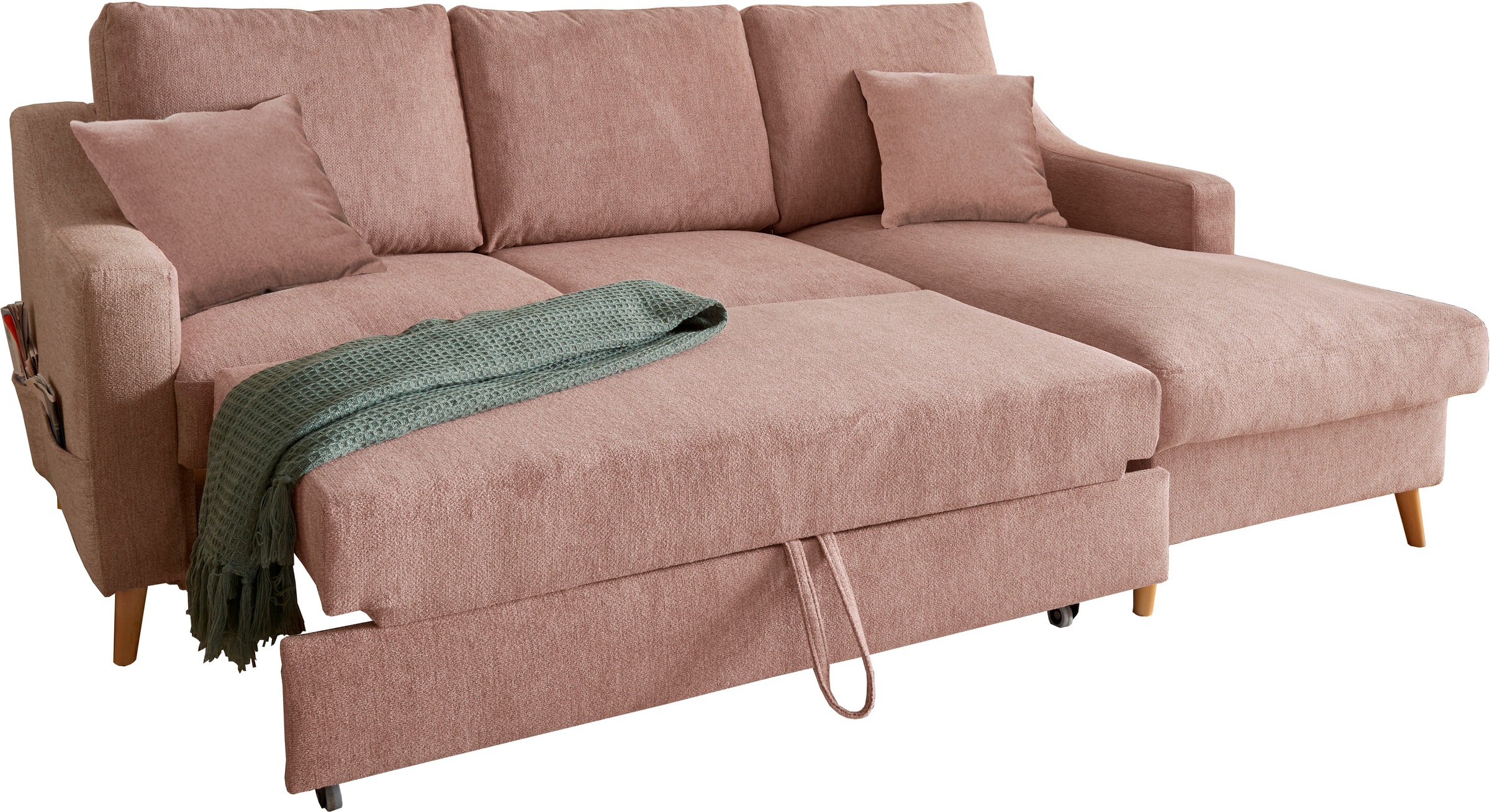INOSIGN Ecksofa »Valentina L-Form«, 2 Zierkissen, mit Seitentasche, ausziehbarer Liegefläche, Bettkasten