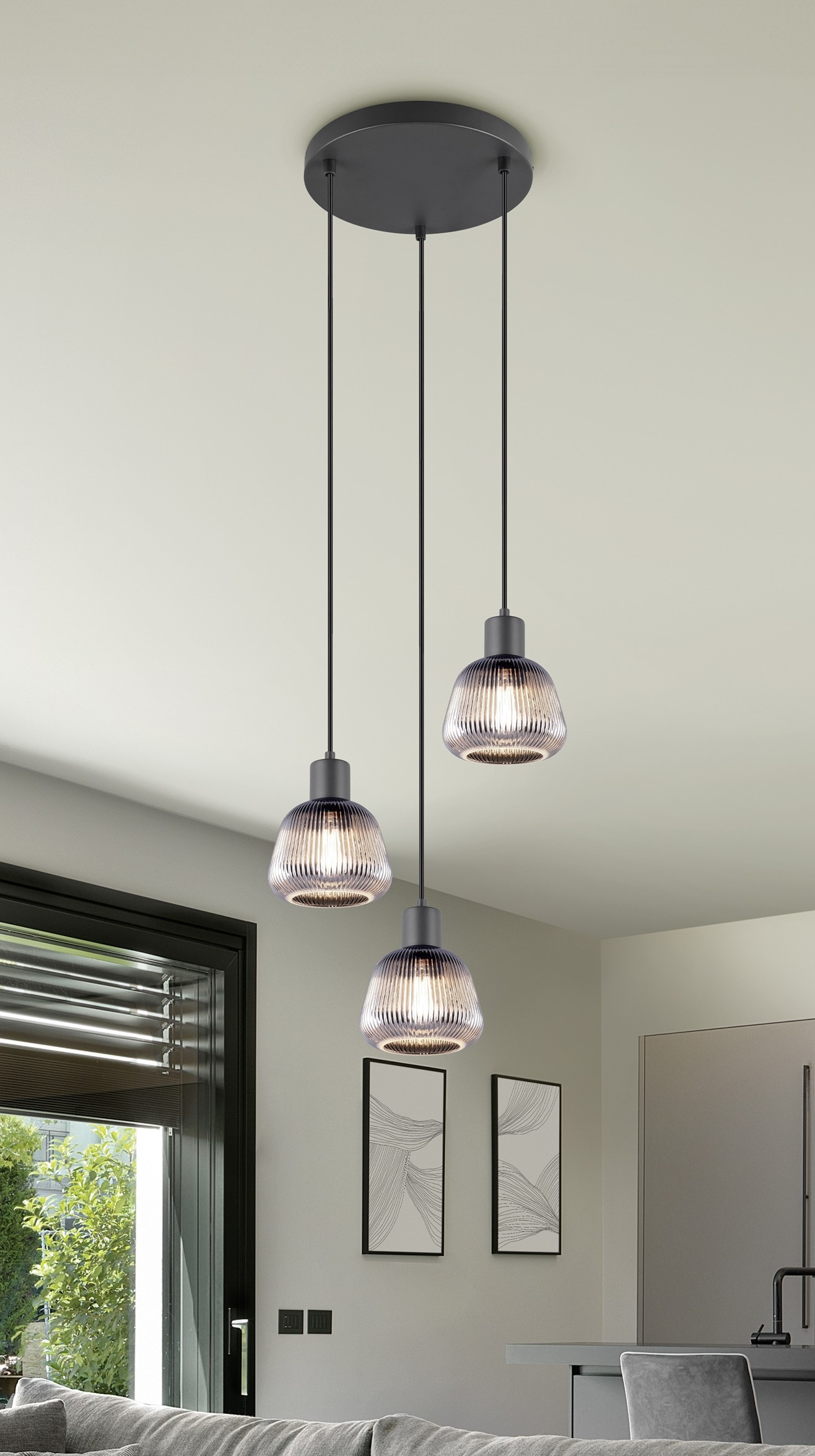 TRIO Leuchten Pendelleuchte »TARIFA, 3-flammige Hängeleuchte exkl 3xE27 max 25W, Glas Hängelampe« E27 1 Stk. warmweiß - kaltweiß höhenverstellbar max 150cm Glas in Riffeloptik und leicht verspiegelt
