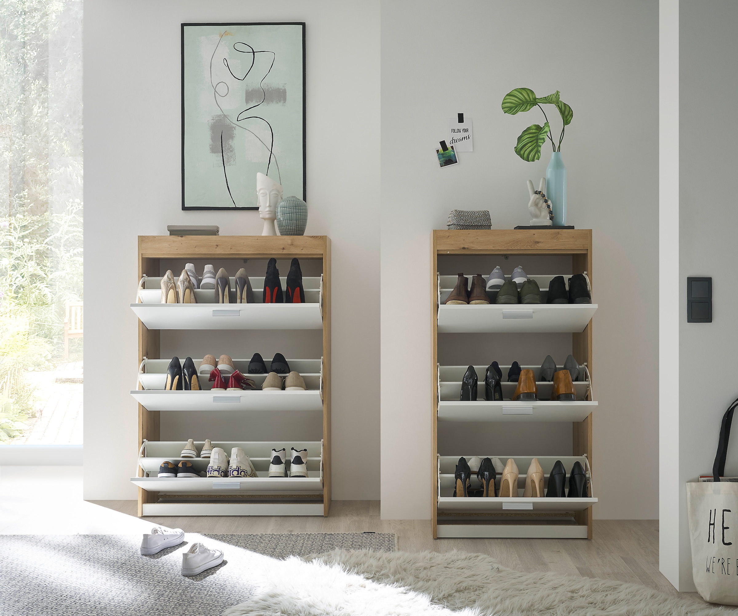 HBZ Schuhschrank »Paris weiß matt, BxHxT 64x126x38 cm«, (1 St.), Schuhkipper mit 3 Klappen, Platz für ca. 12-18 Paar Schuhe