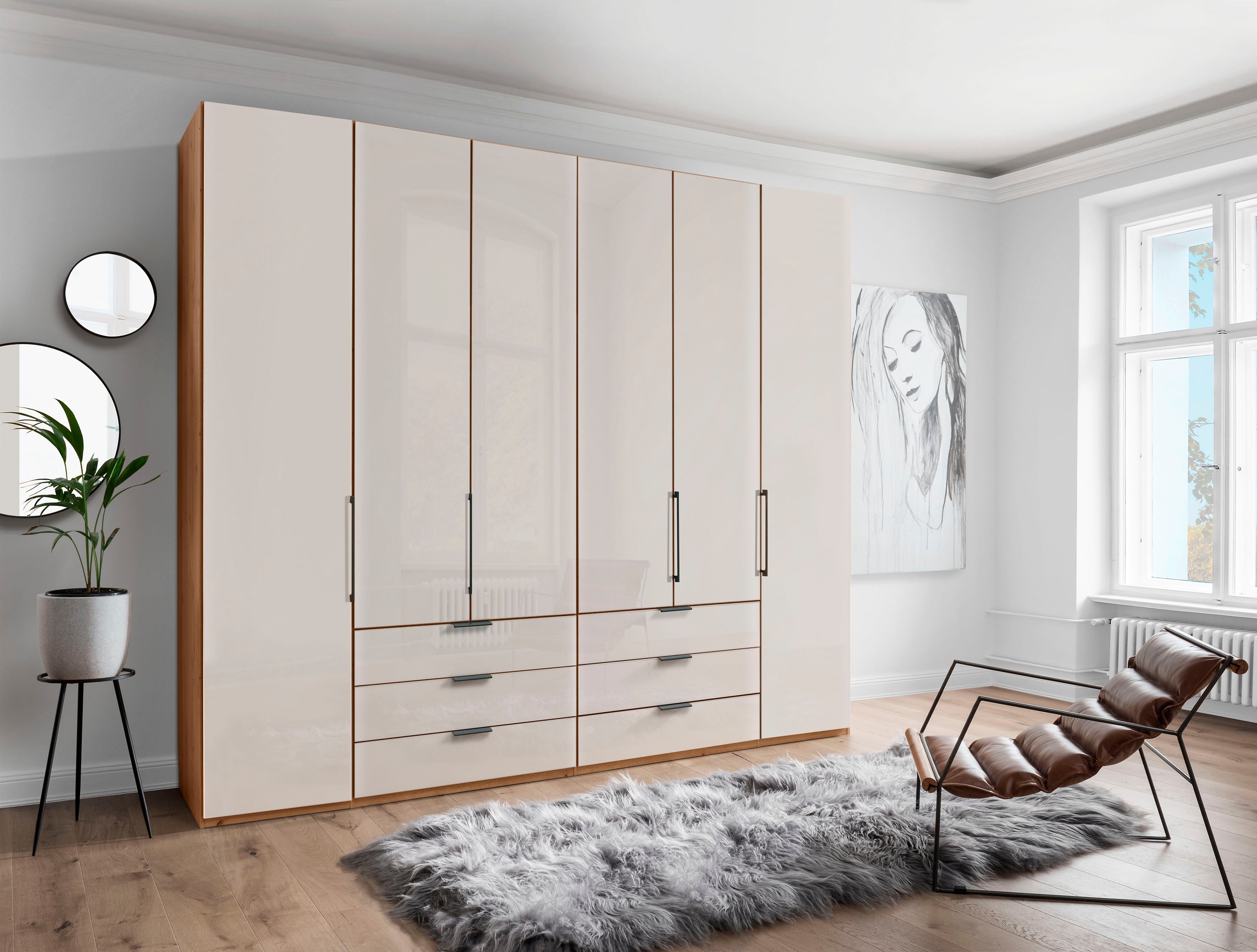 WIEMANN Falttürenschrank »Monaco, Kleiderschrank, Schrank, Wäscheschrank, mit edler Glasfront«, (2 Breiten, 2 Höhen 216/236 cm auswählbar, MADE IN GERMANY), inkl. gepämpften Schubkästen und Türen, mit Panoramaöffnung