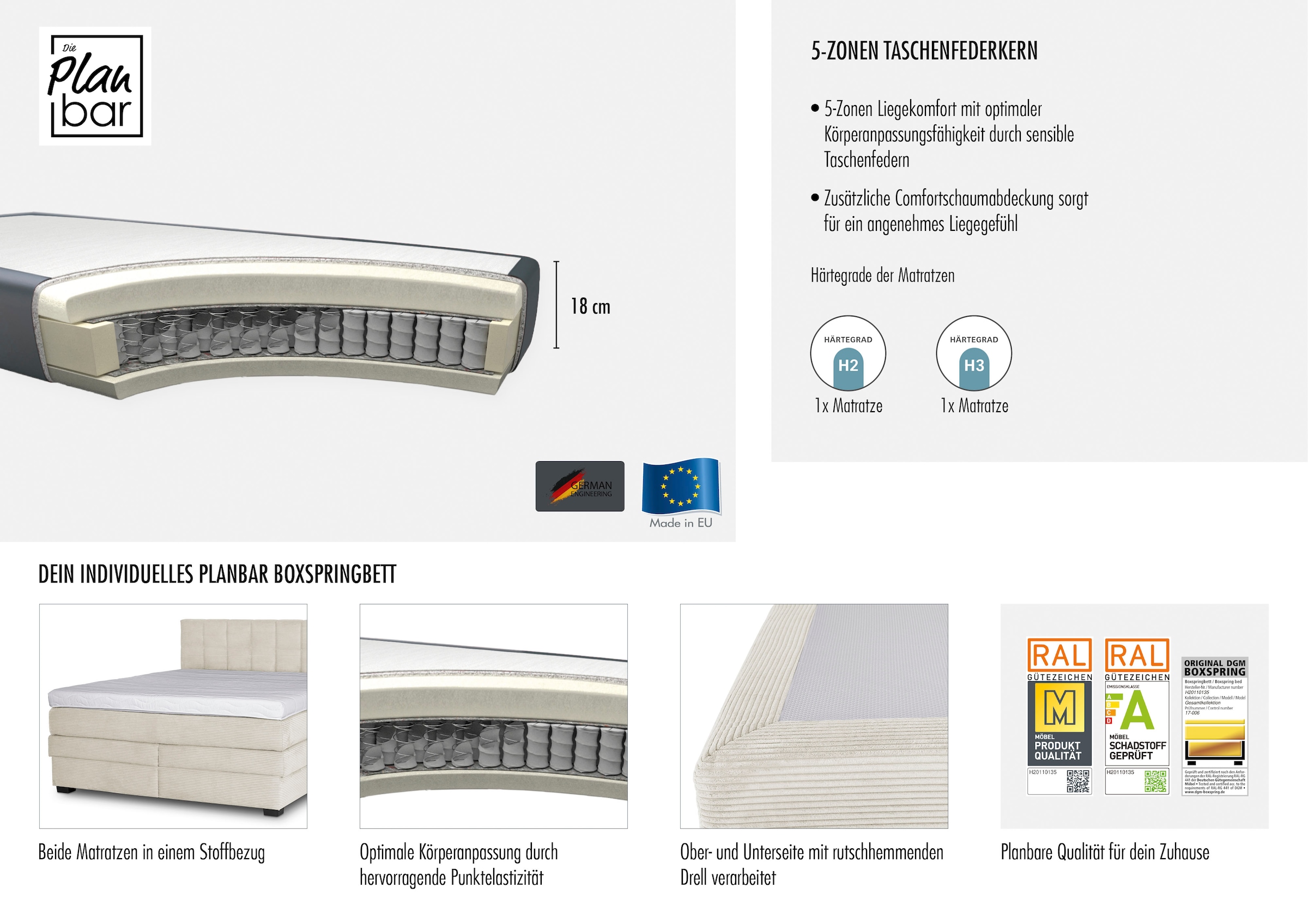 Die PlanBar Boxspringbett »OC-ON21088« inkl. Matratzen u. Bonellfederkern Unterbau, Stauraum, 160/180x200cm
