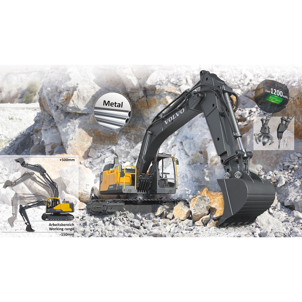 Jamara RC-Bagger »Volvo EC160E Metal 1:16 2,4 GHz Destruction-Set«, mit Motorsound, LED-Licht und Anbaugeräten; offiziell lizenziert