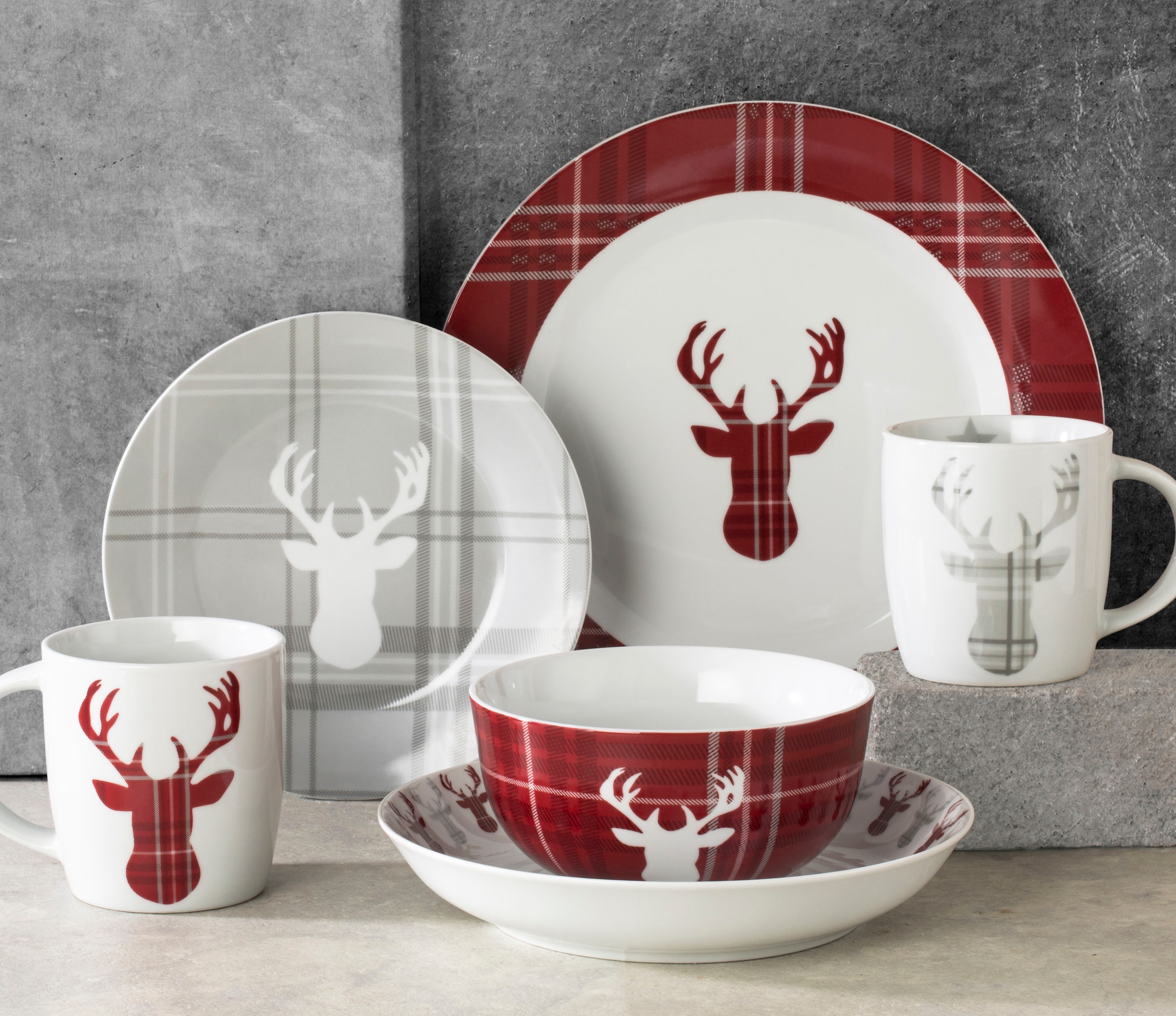 Retsch Arzberg Kombiservice »Geschirr-Set, Service HIGHLAND STAG, Winter, Advent, Weihnachten« Hirsch trifft Schottenkaro, 30 Teile, für 6 Personen