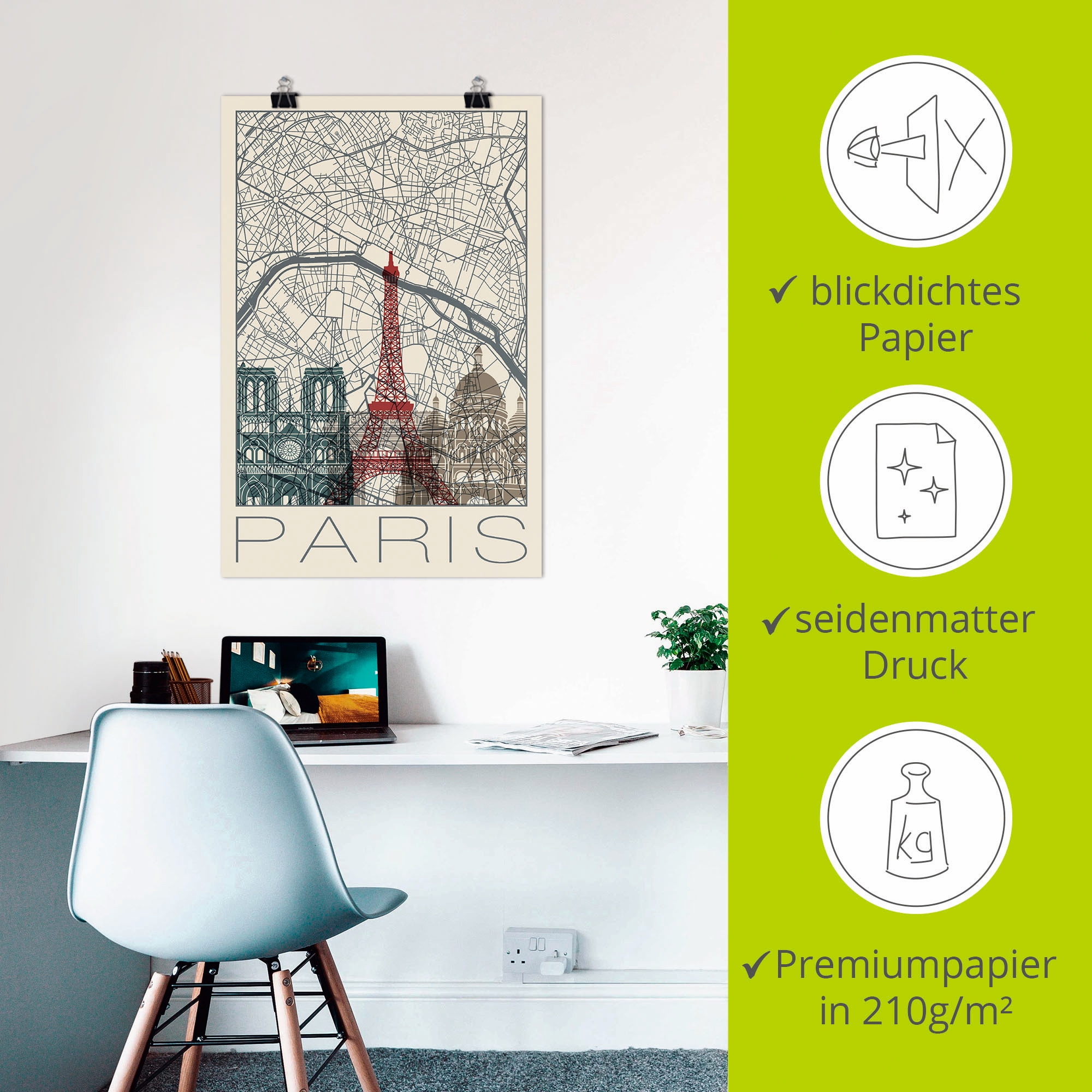 Artland Wandbild »Retro Karte Paris Frankreich und Skyline«, Frankreich, (1 St.), als Alubild, Outdoorbild, Poster in verschied. Größen