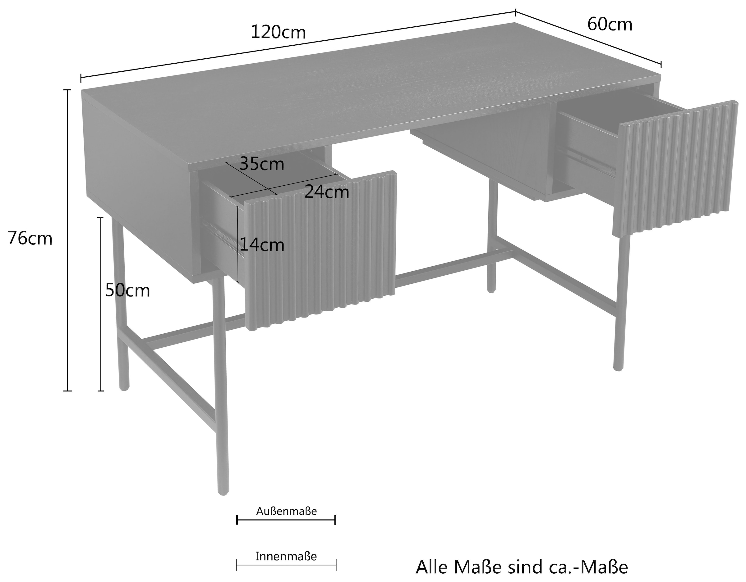 Guido Maria Kretschmer Home&Living Schreibtisch »Dave, in Breite 120 bzw. 160 cm«, furnierte Oberfläche, Schubladenfronten im Retrostil, Metallgestell