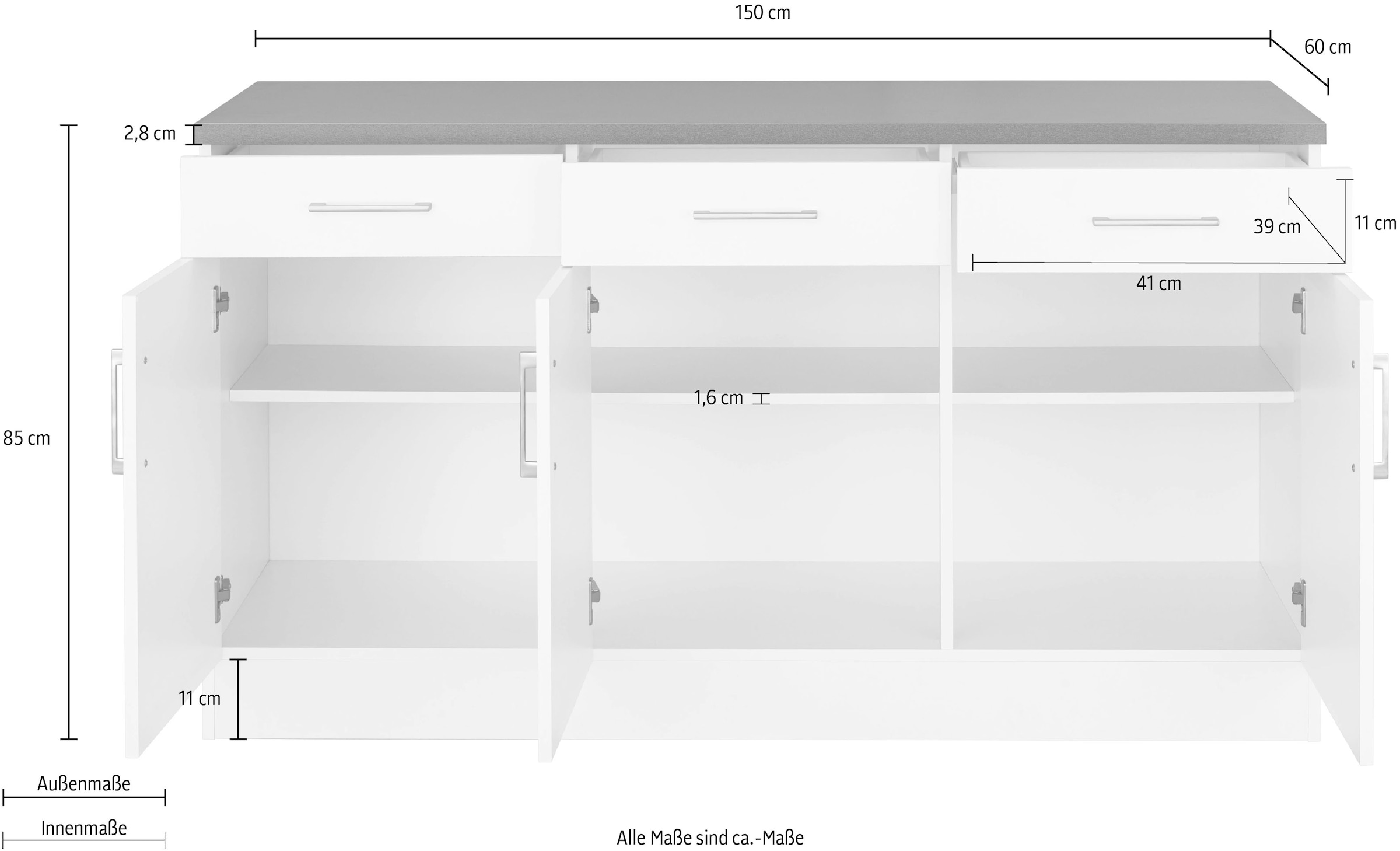 KOCHSTATION Unterschrank »KS-Paris« mit 3 Schubkästen und 3 Türen, für viel Stauraum