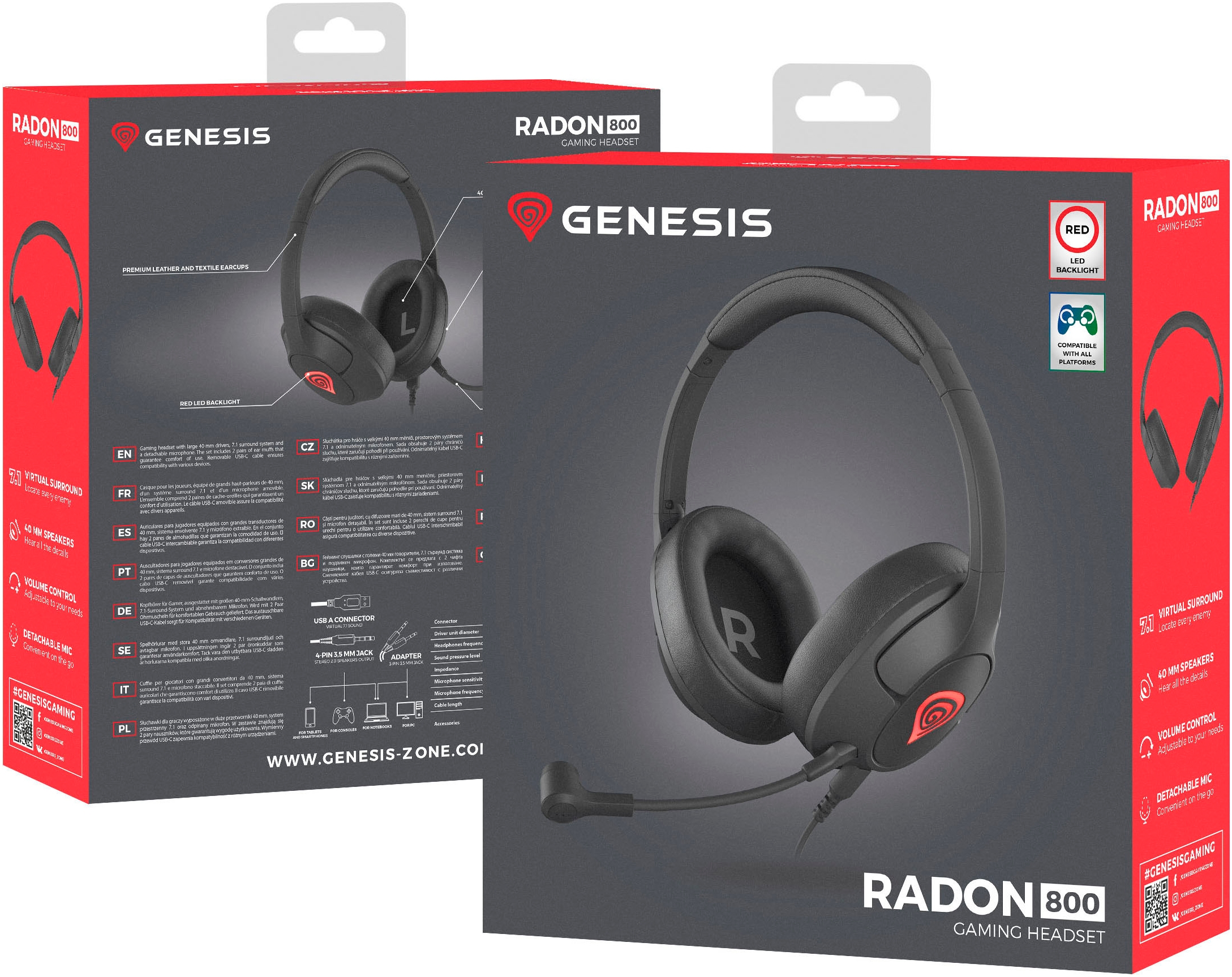 Genesis Gaming-Headset »ARGON 800 (7.1) kabelgeb. schwarz«, Freisprechfunktion-Mikrofon abnehmbar-Rauschunterdrückung