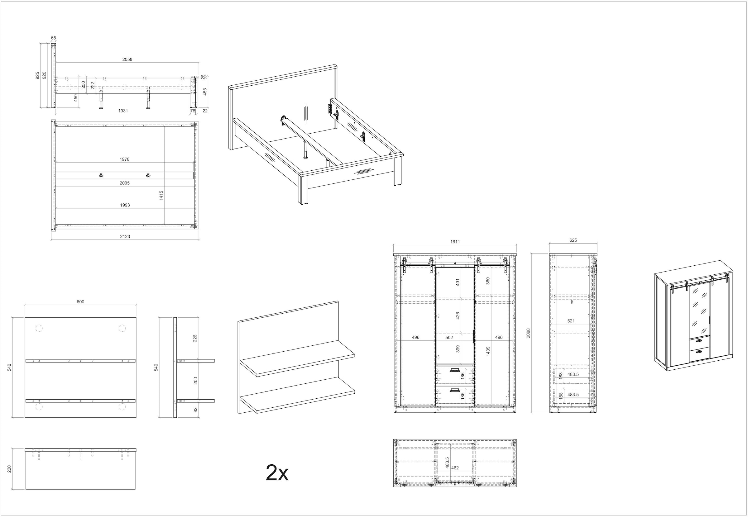 Home affaire Schlafzimmer-Set »SHERWOOD«, (4 tlg.), Liegefläche 140x200cm, Schrank 3-trg. 161cm breit