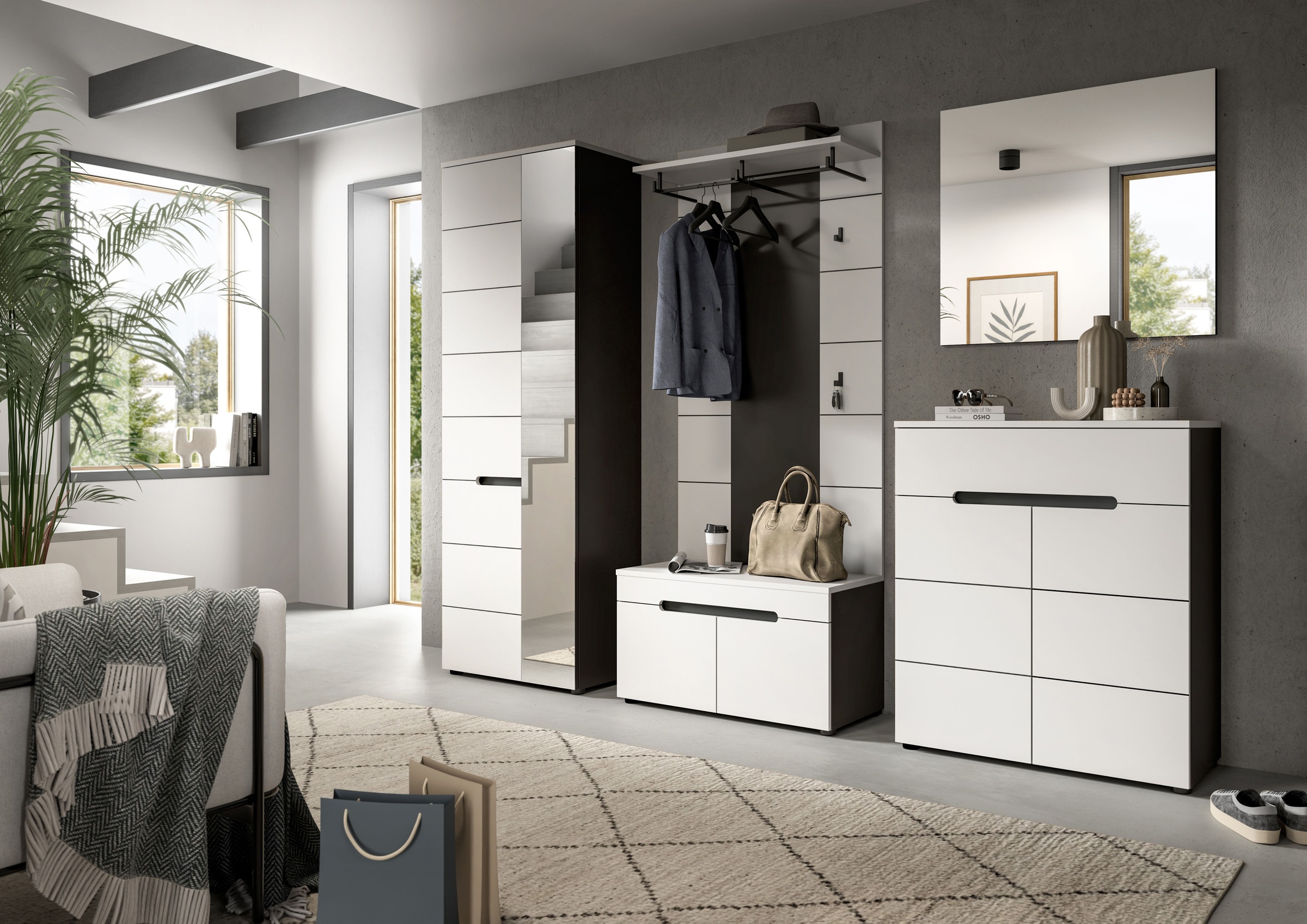 Home affaire Garderoben-Set »REHAT, TOPSELLER!, 4-teilig, Breite 175 cm, individuell erweiterbar« Set, bestehend aus: Sitzbank, Paneel, Spiegel und Kommode, 4 Stk. tlg.