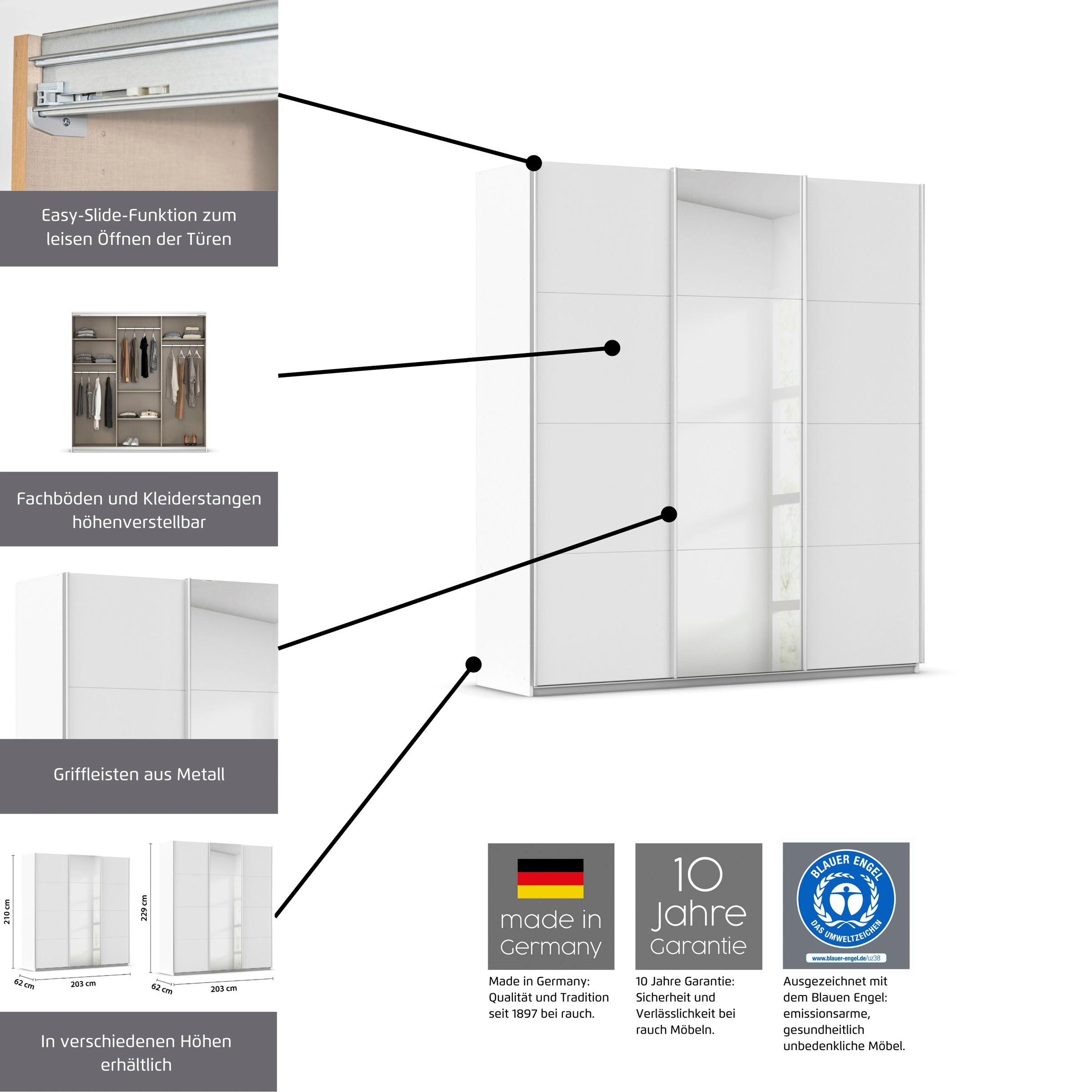 rauch Schwebetürenschrank »Kleiderschrank Schrank OTTO´S CHOICE Garderobe AGORDO«, (in zwei Griff-Farben), Top Innenausstattung, in 4 Breiten und 2 Höhen MADE IN GERMANY